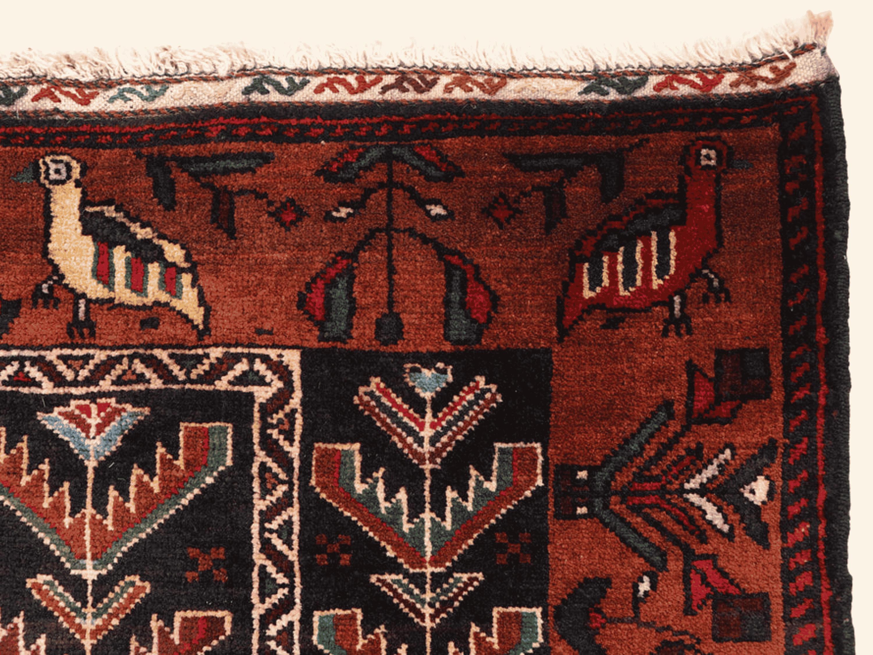3x4 Bird Motif Tapestry Wall Hanging Rug, Afghan Style Handmade Wool Textile Wall Art, Tribal Folk Art Decor