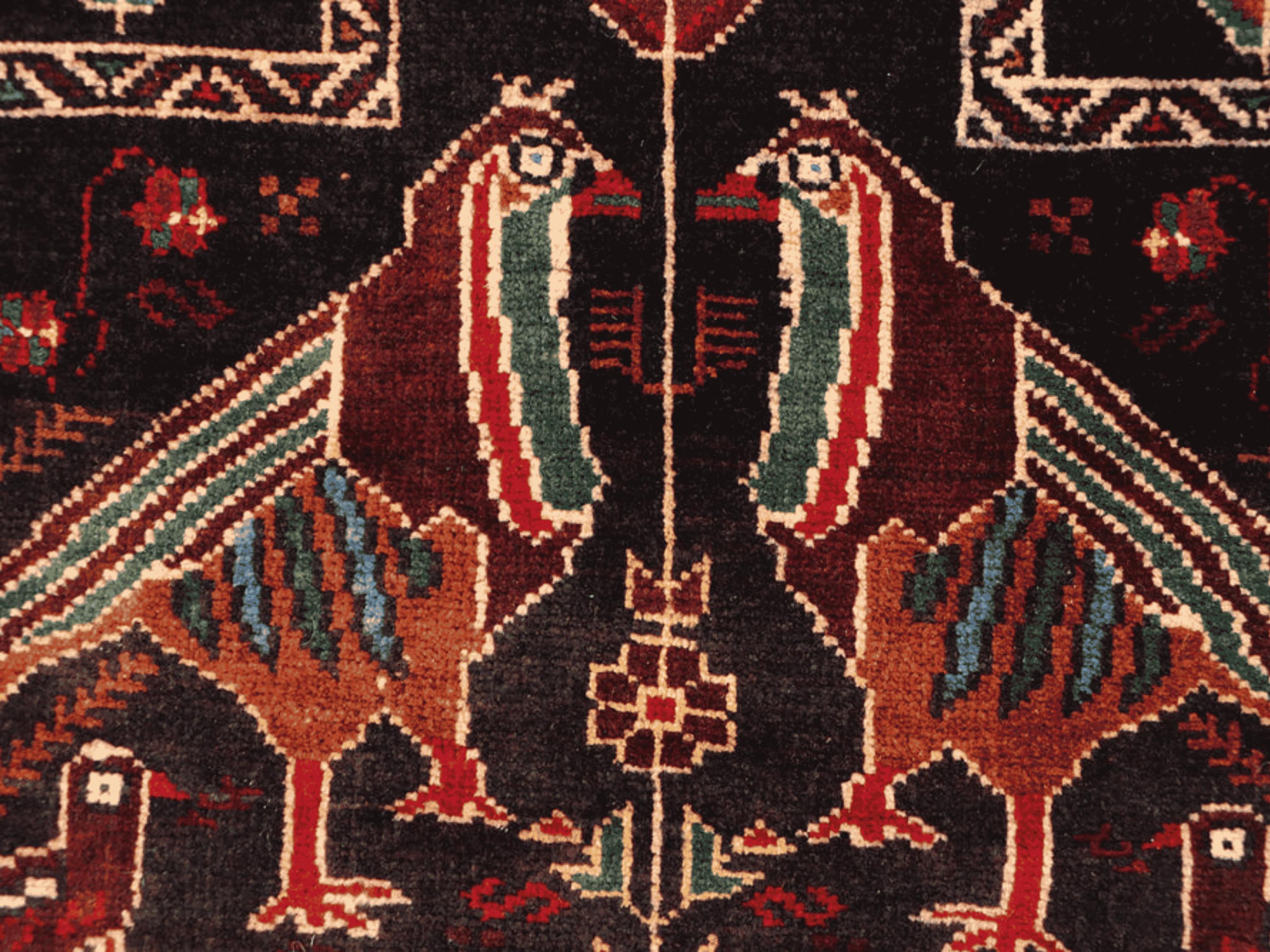 3x4 Bird Motif Tapestry Wall Hanging Rug, Afghan Style Handmade Wool Textile Wall Art, Tribal Folk Art Decor