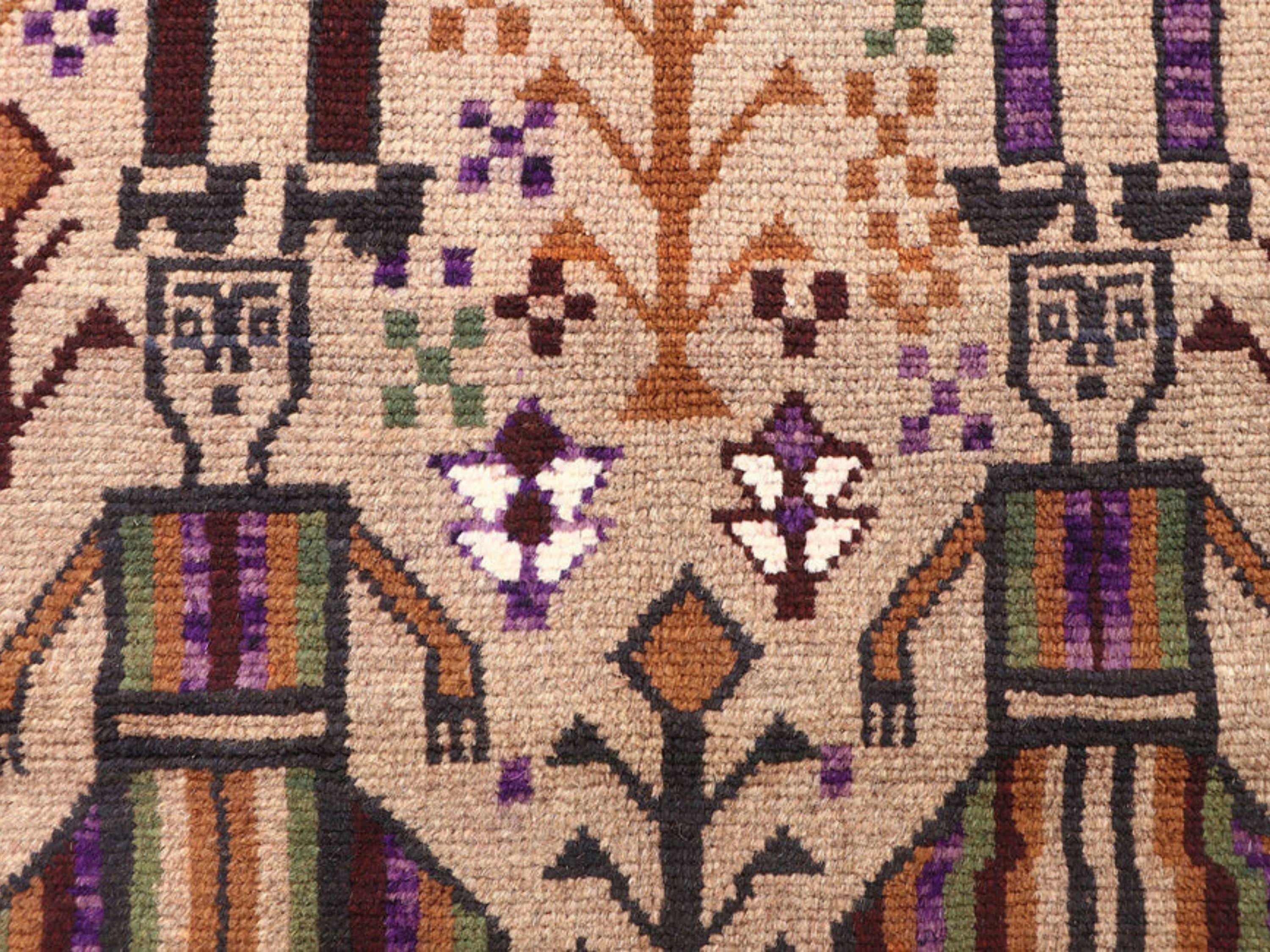 3x4 Artisan Figure Tapestry Wall Hanging Rug, Afghan Style Handmade Wool Textile Wall Art, Tribal Folk Art Decor