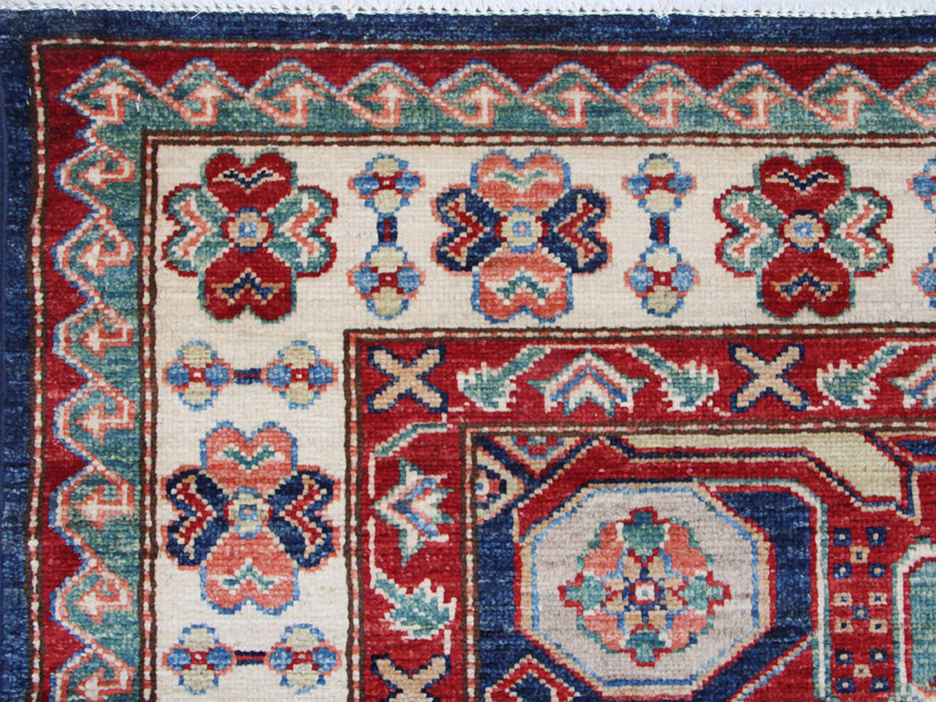 Handmade 6x9 Kazak Rug, Wool Area Green Rug, Hand Knotted Tribal Rug, Geometric Oriental Rug