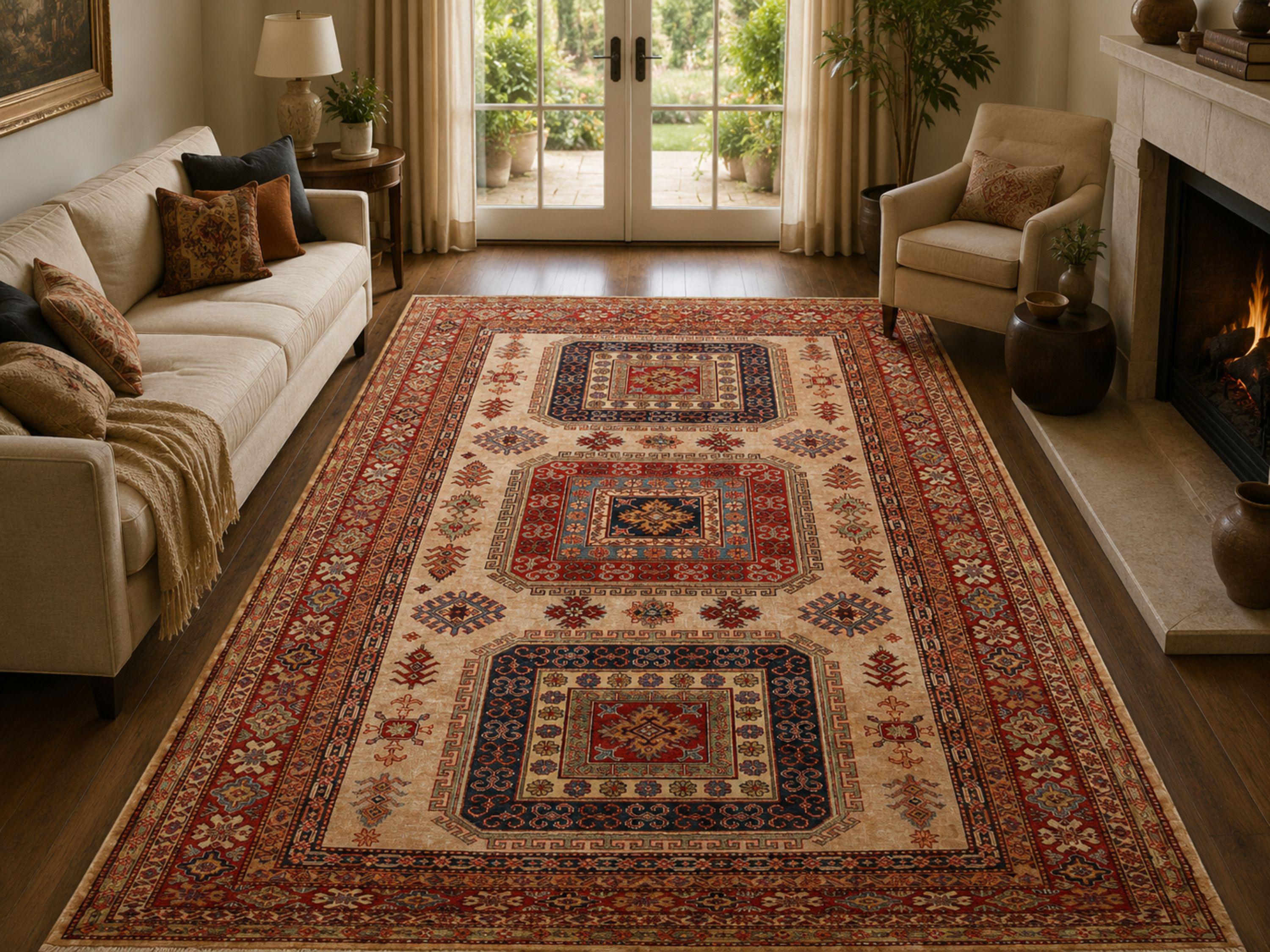 6x9 Kazak Rug, Ivory Hand Knotted Wool Area Rug, Caucasian Tribal Geometric Carpet, Living Room Bedroom Decor