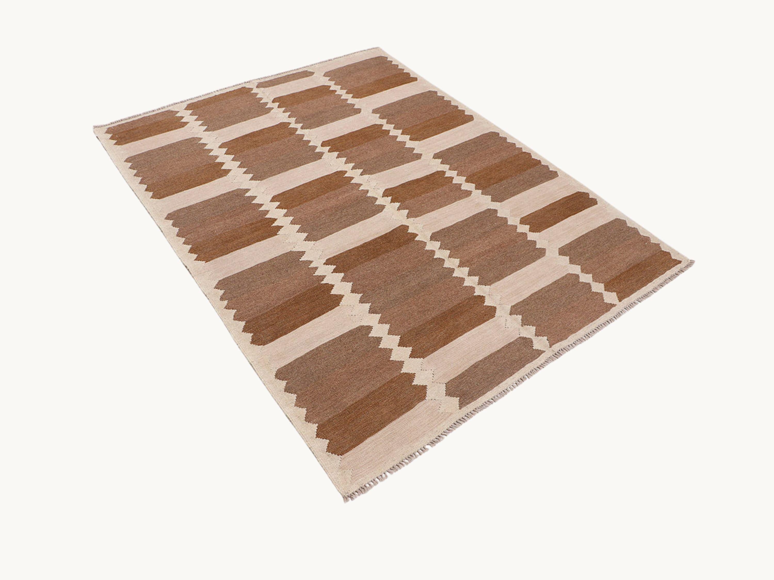 5x7 Kilim Rug, Handmade Flatweave Wool Area Rug in Terracotta and Ivory, Afghan Tribal Abstract Living Room Decor