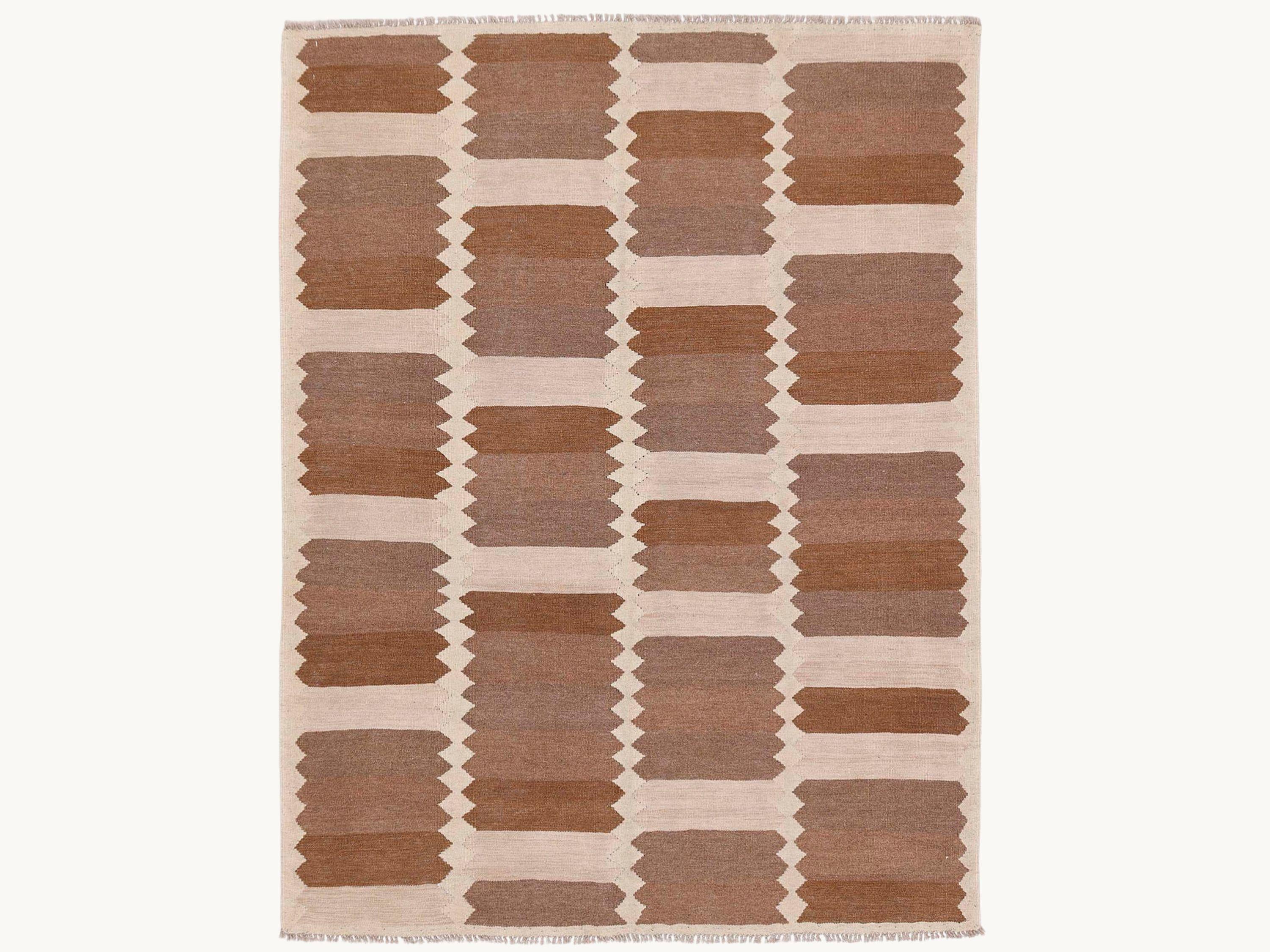 5x7 Kilim Rug, Handmade Flatweave Wool Area Rug in Terracotta and Ivory, Afghan Tribal Abstract Living Room Decor