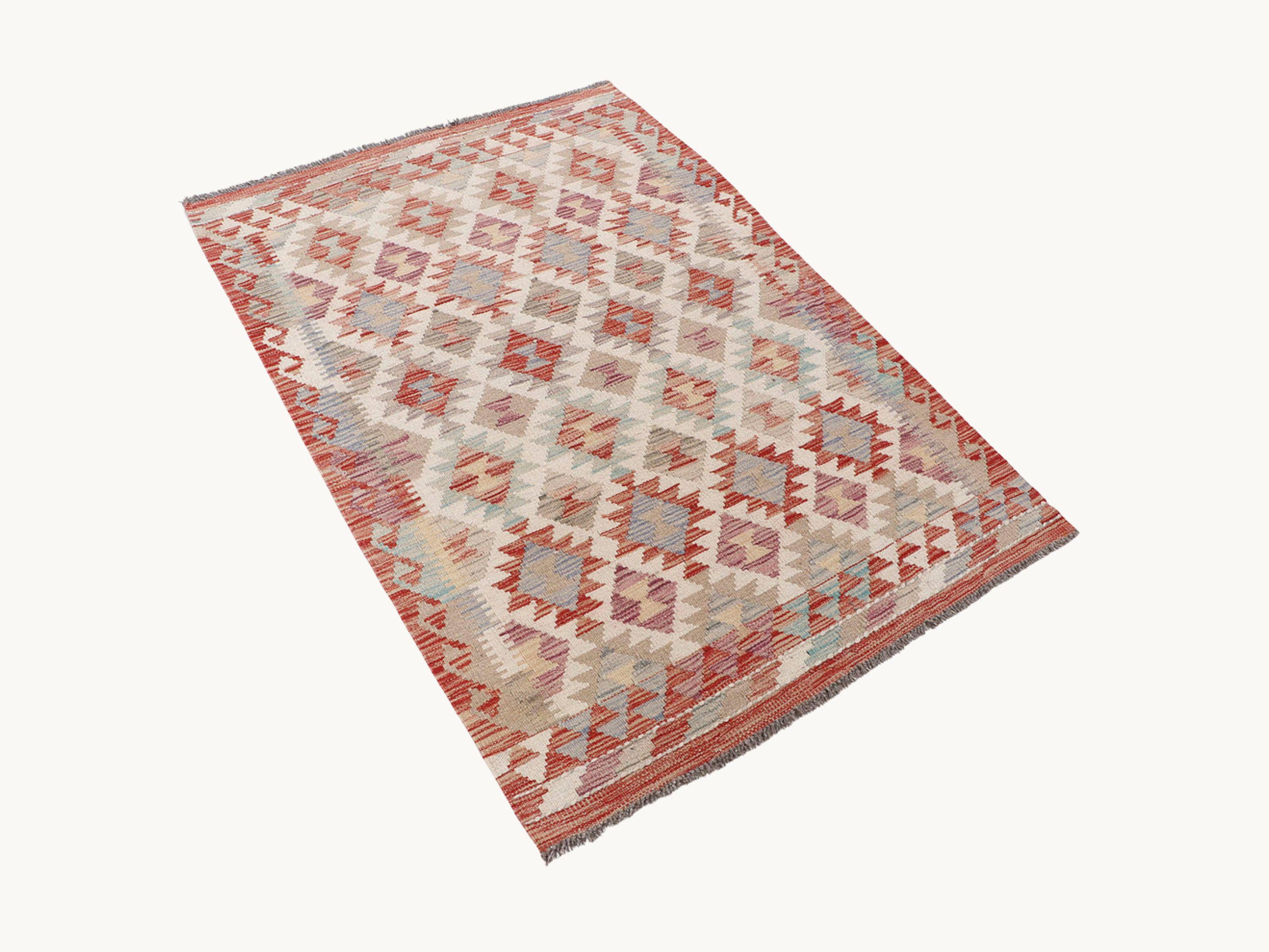 3x5 Handmade Kilim Rug, Wool Flatweave Small Area Rug in Rust and Sage, Afghan Tribal Diamond Lattice Bedroom Decor