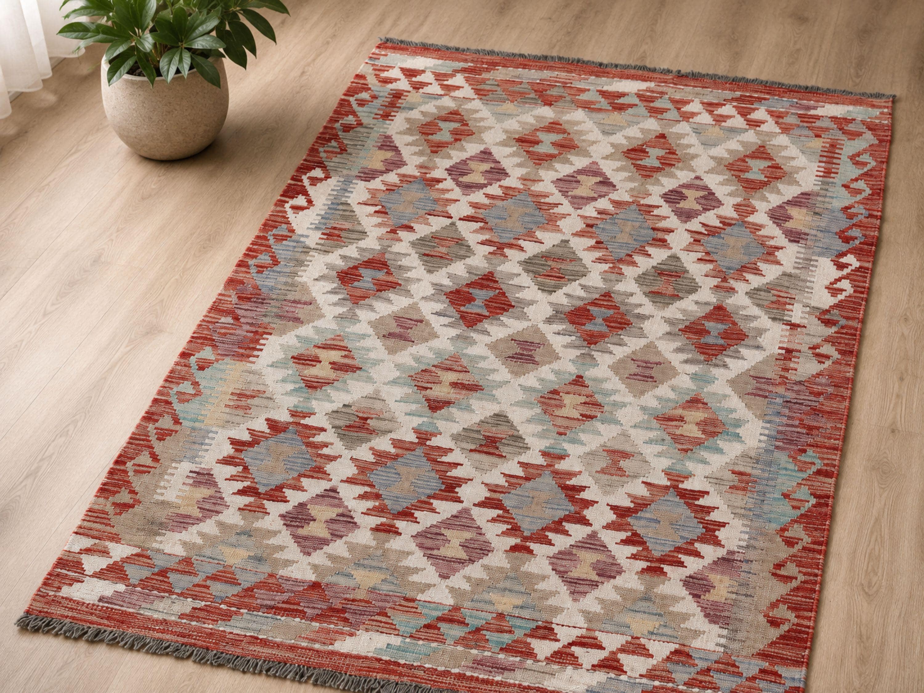 3x5 Handmade Kilim Rug, Wool Flatweave Small Area Rug in Rust and Sage, Afghan Tribal Diamond Lattice Bedroom Decor