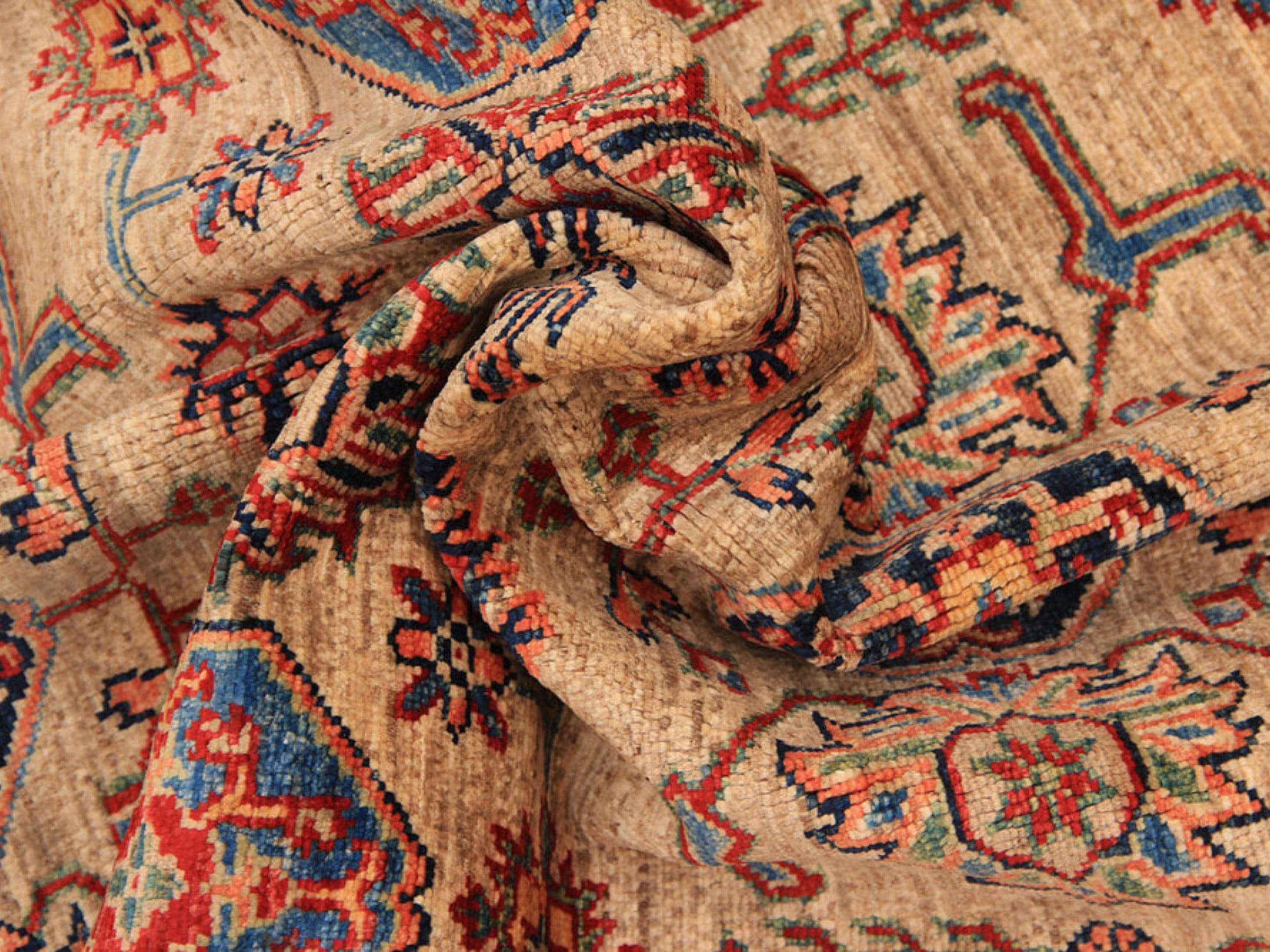 4x6 Geometric Tribal Kazak Rug, Caucasian Hand Knotted Wool Area Rug, Ivory Bedroom Decor
