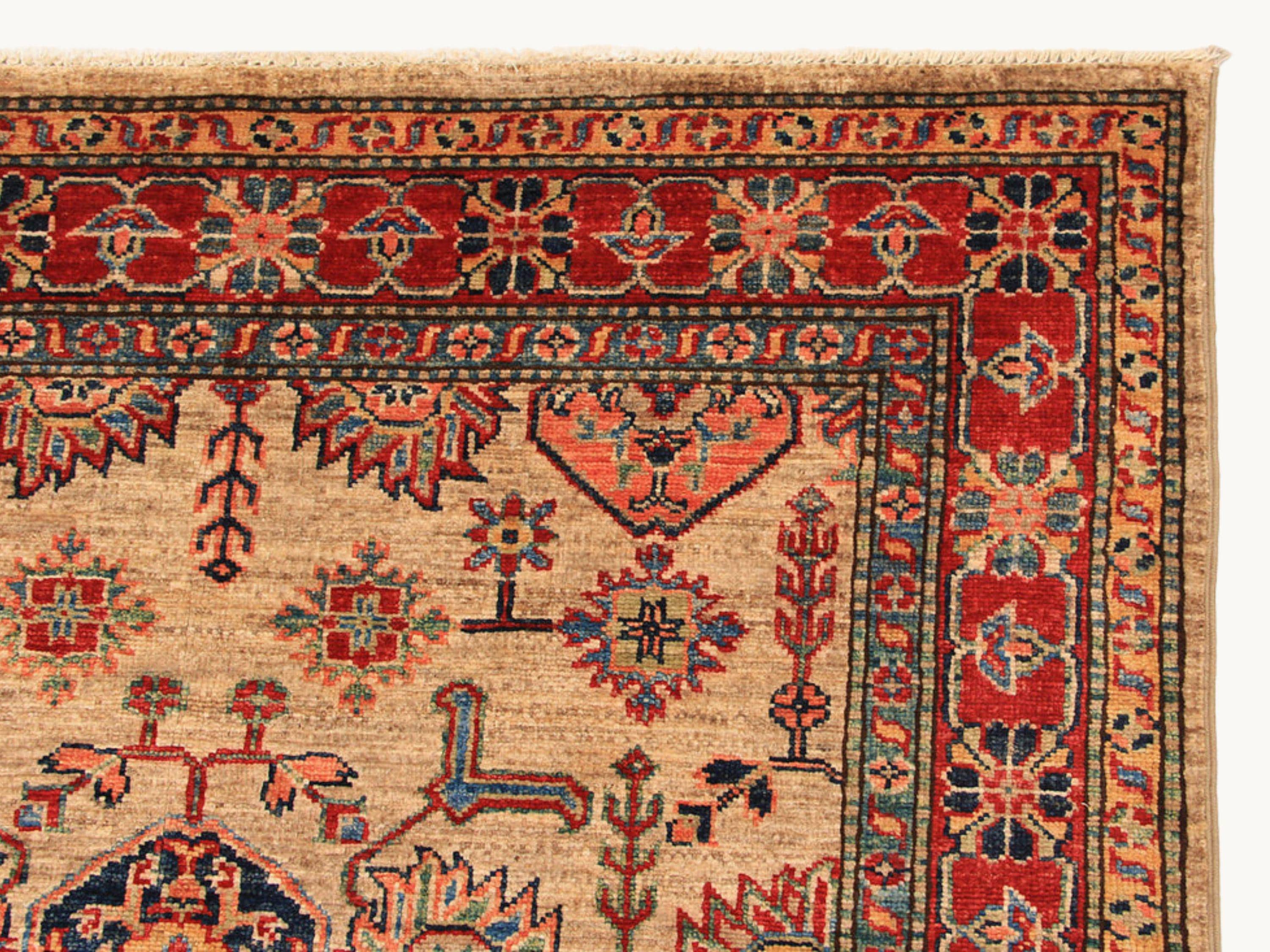 4x6 Geometric Tribal Kazak Rug, Caucasian Hand Knotted Wool Area Rug, Ivory Bedroom Decor