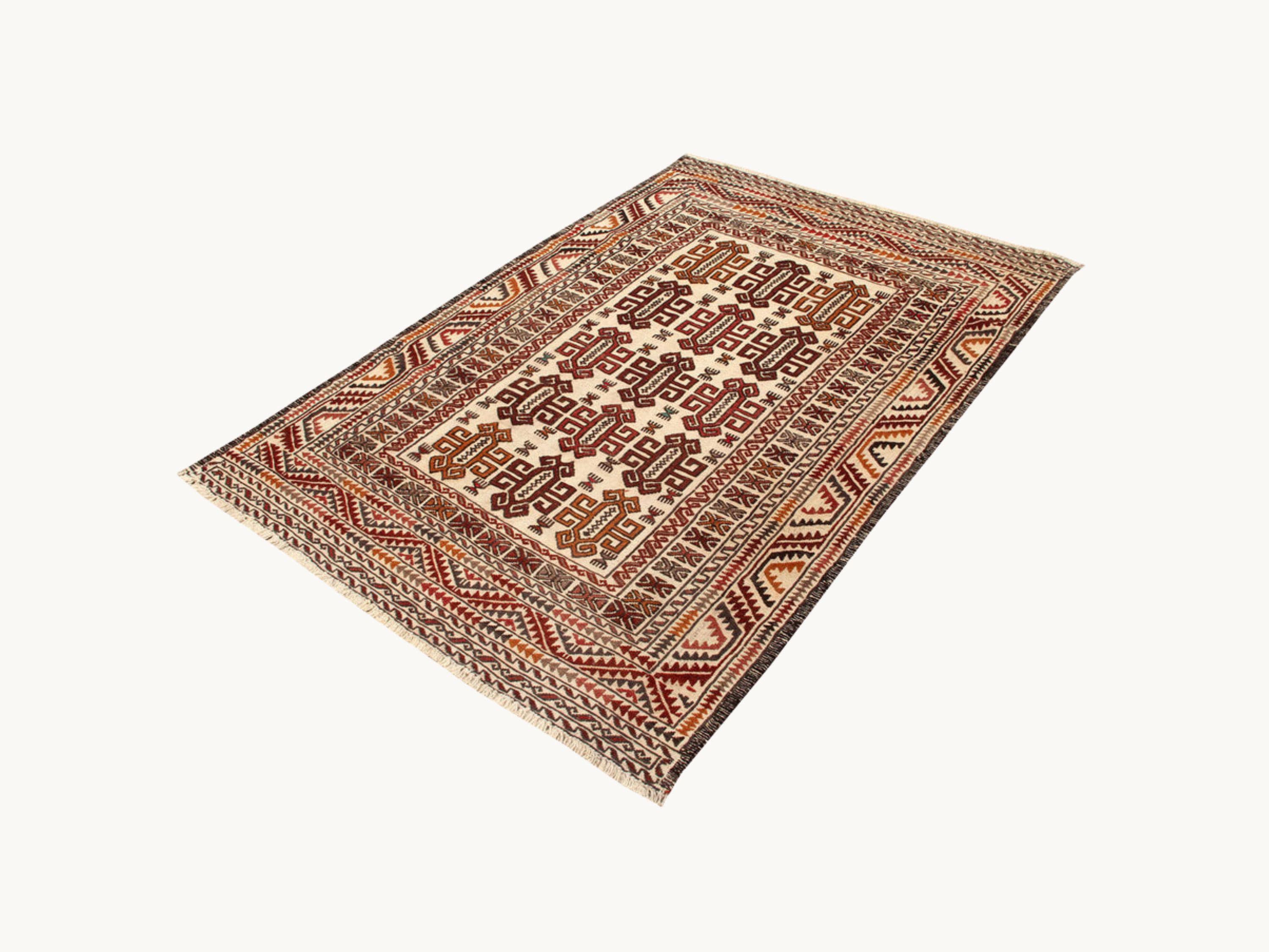 4x6 Afghan Wool Rug, Handmade Ivory Tribal Area Rug, Geometric Bird Motif Hand Knotted Carpet