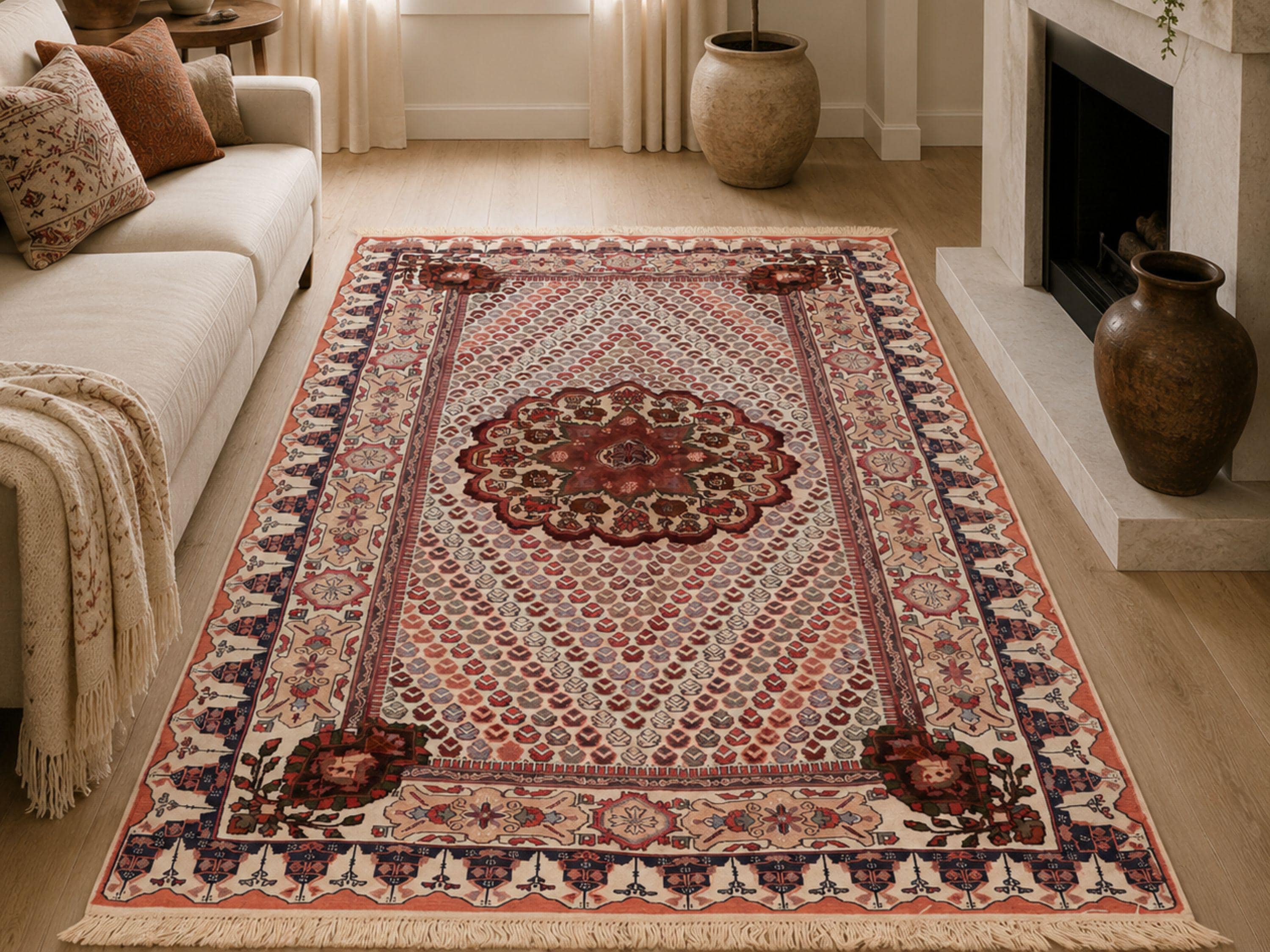 4x6 Persian Style Herati Rug, Afghan Hand Knotted Wool Rug, Floral Oriental Vintage Area Rug