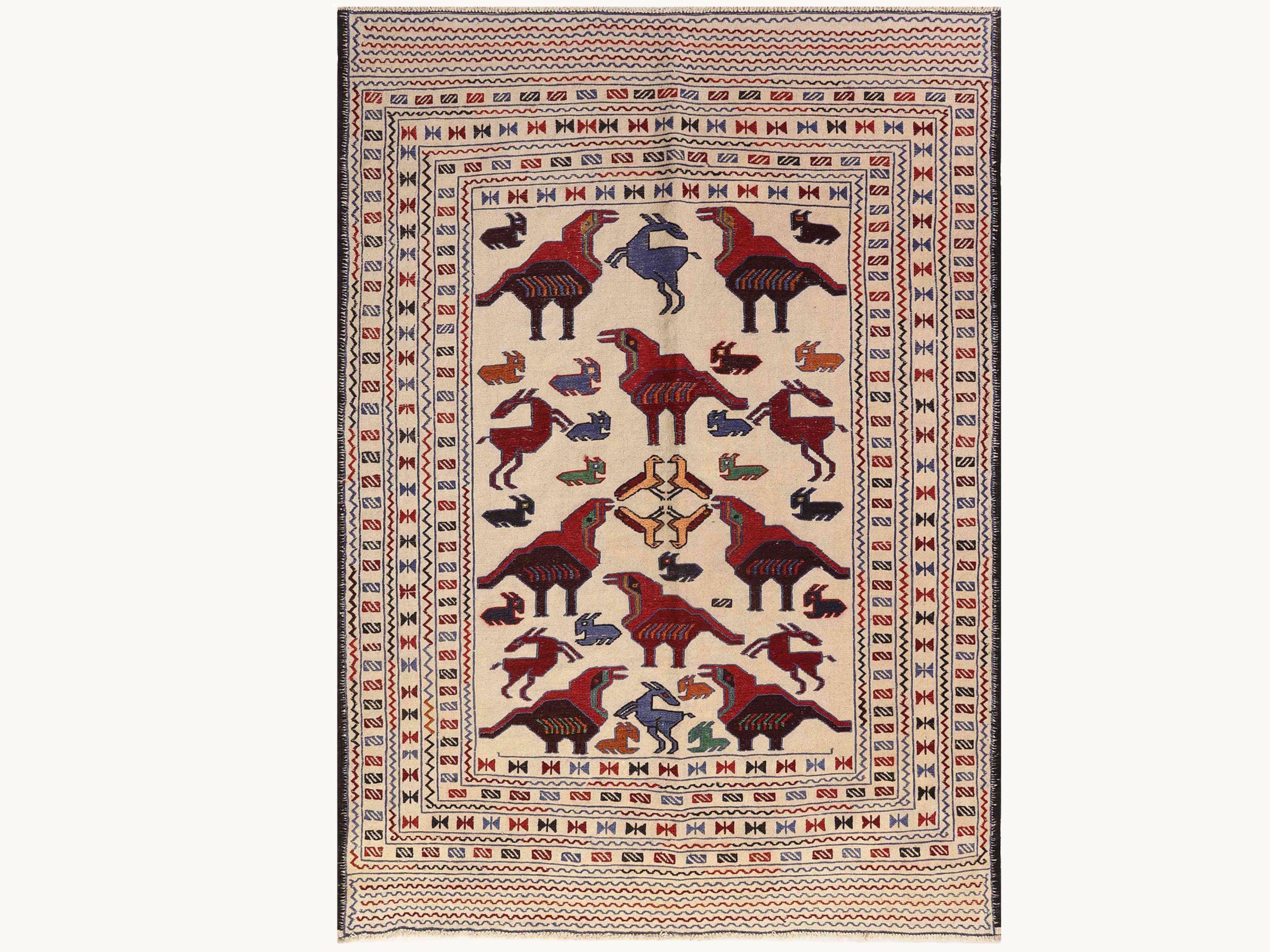 4x6 Afghan Wool Rug, Ivory Hand Knotted Tribal Area Rug, Animal Motif Geometric Carpet