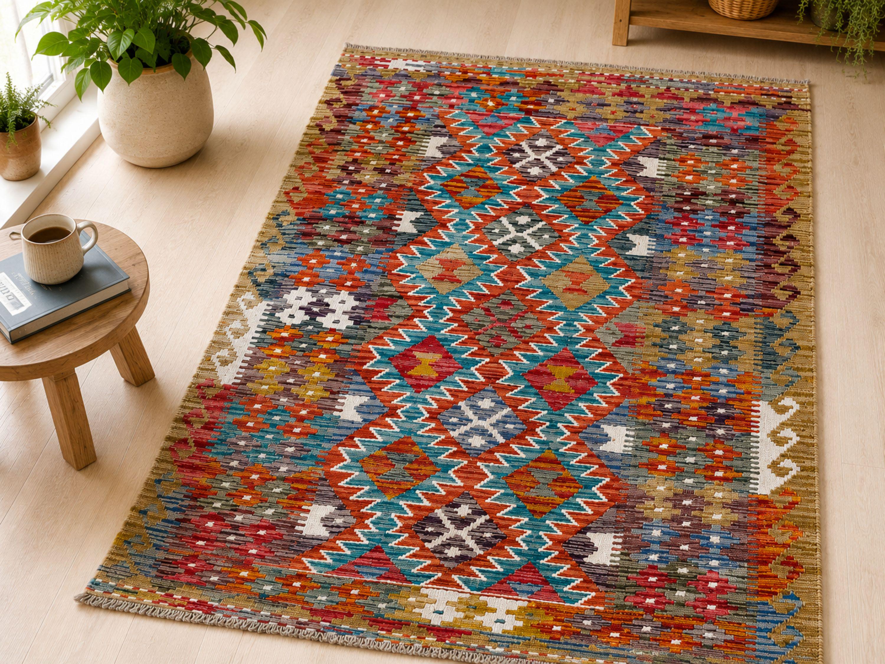 3x5 Terracotta Kilim Rug, Handmade Wool Flatweave Small Area Rug, Afghan Tribal Diamond Coral Teal Decor