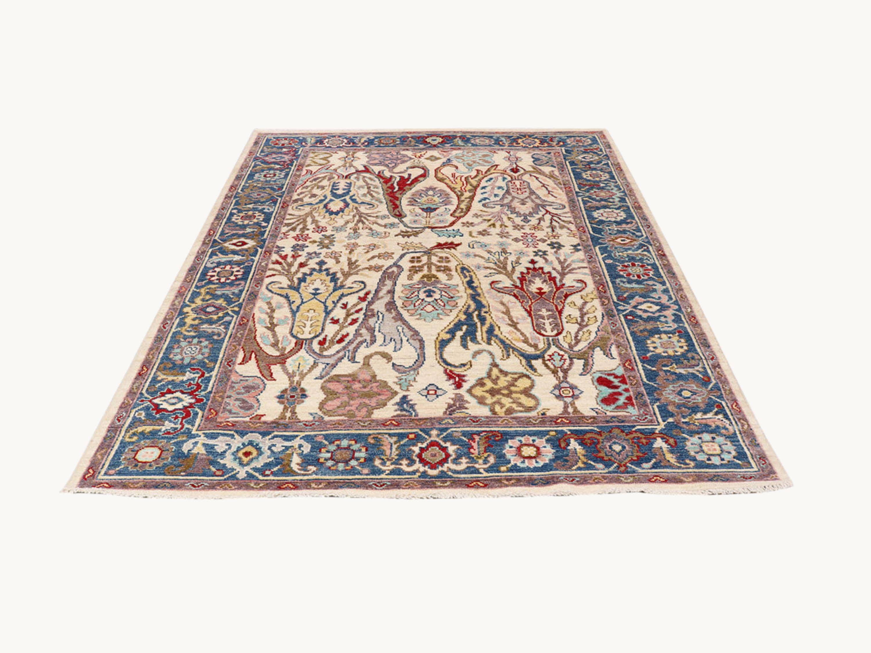 6x9 Turkish Oushak Rug, Muted Ivory Hand Knotted Wool Rug, Floral Palmette Area Rug