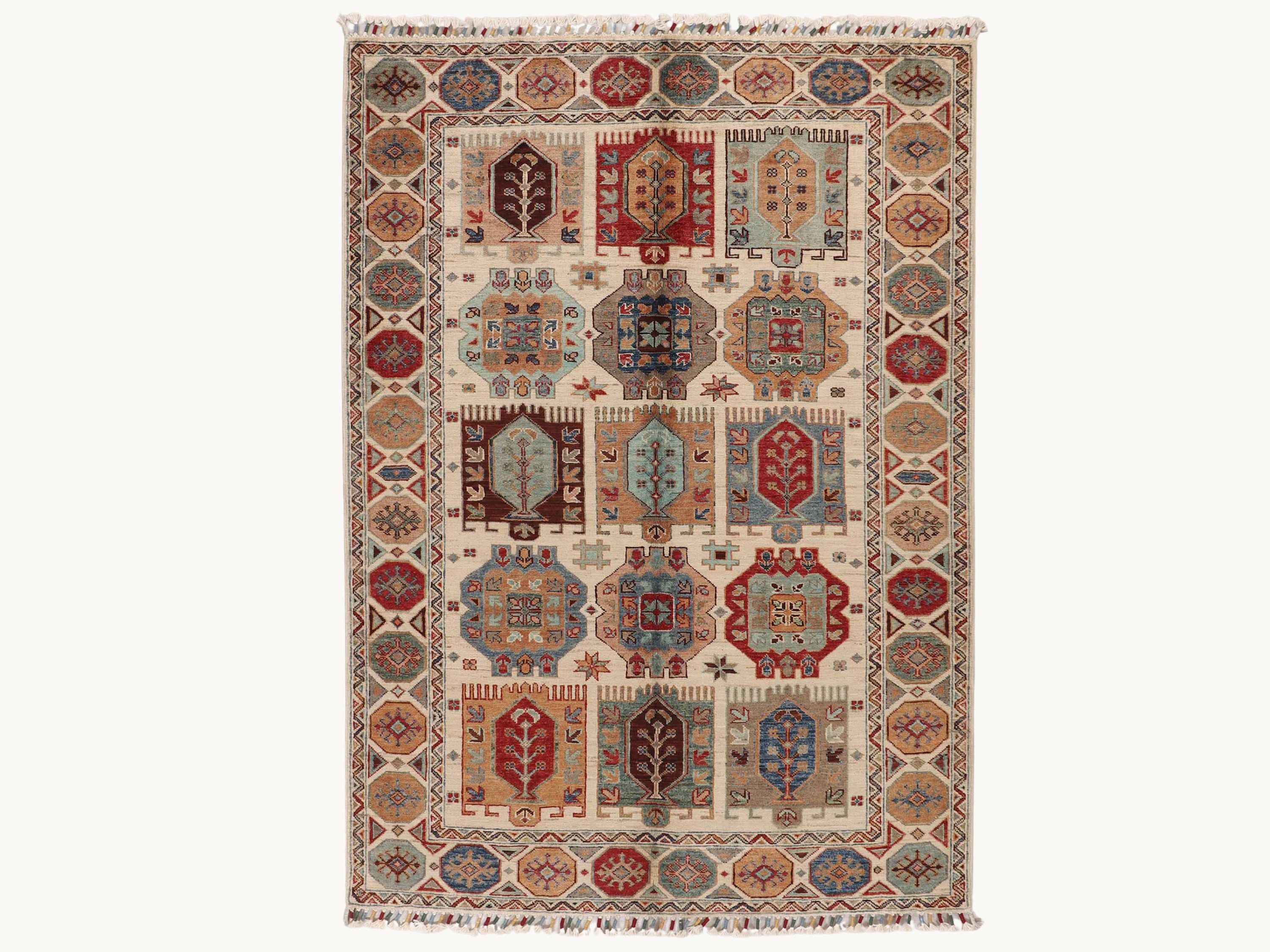 4x6 Persian Style Rug, Ivory Hand Knotted Wool Area Rug, Tribal Geometric Panel Medallion Living Room Bedroom Decor
