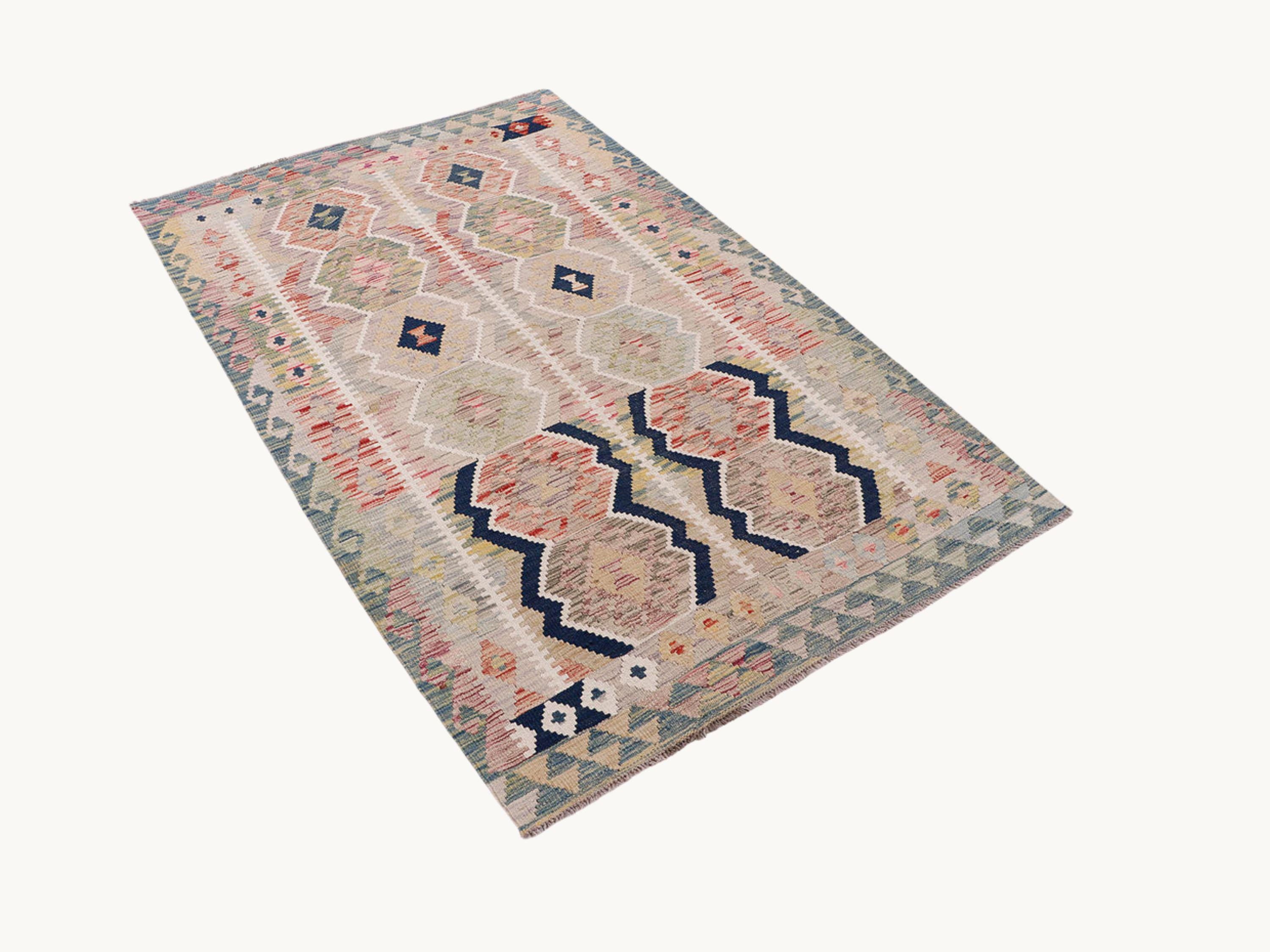 4x6 Kilim Rug, Muted Afghan Wool Flatweave Area Rug, Natural Veggie Dye Sage Green Navy Cream Neutral Bedroom Decor