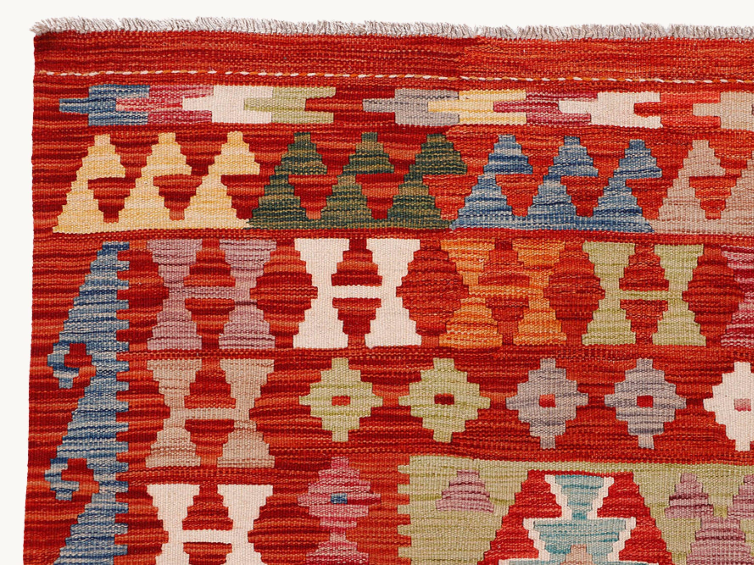 7x9 Kilim Rug, Large Red Afghan Wool Area Rug, Handwoven Southwestern Tribal Diamond Living Room Dining Decor