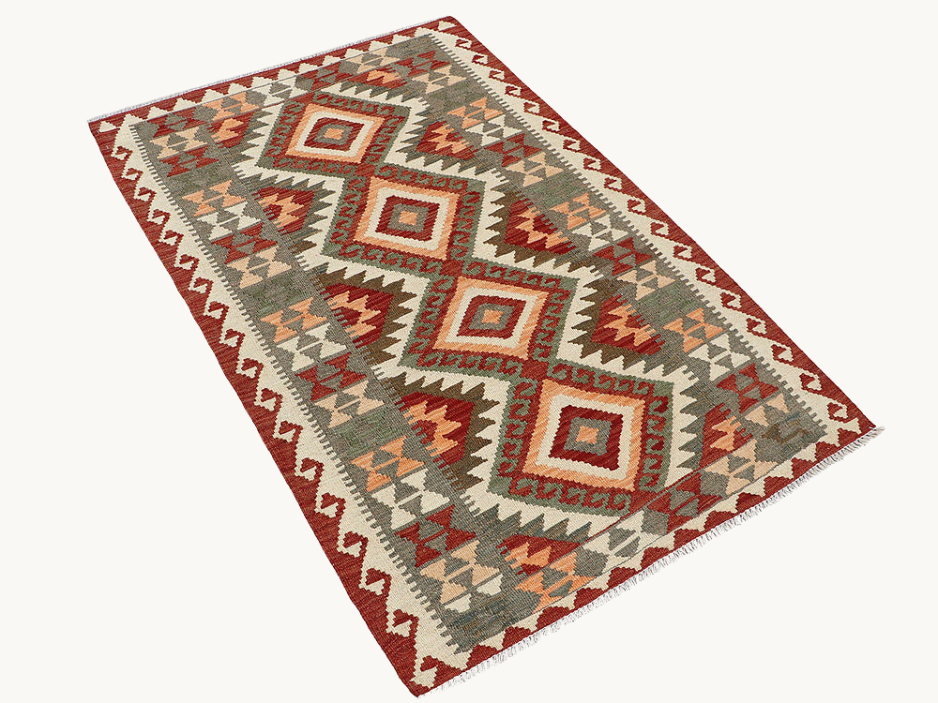 3x5 Kilim Rug, Olive Green Afghan Wool Flatweave Rug, Handwoven Veggie Dye Red Southwestern Diamond Bedroom Decor