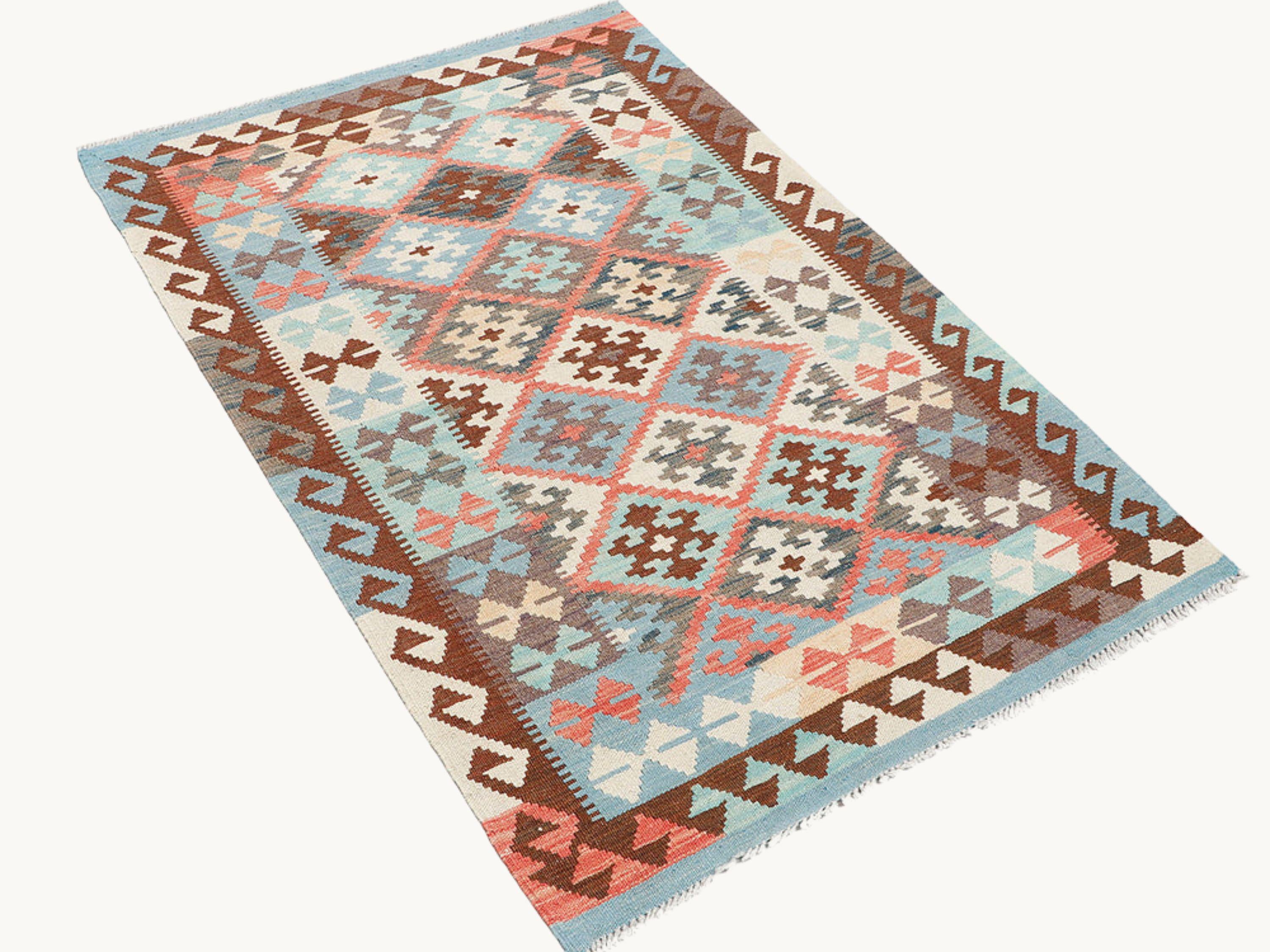3x5 Kilim Rug, Blue Teal Afghan Wool Flatweave Rug, Handwoven Veggie Dye Coral Cream Diamond Bedroom Living Room Decor