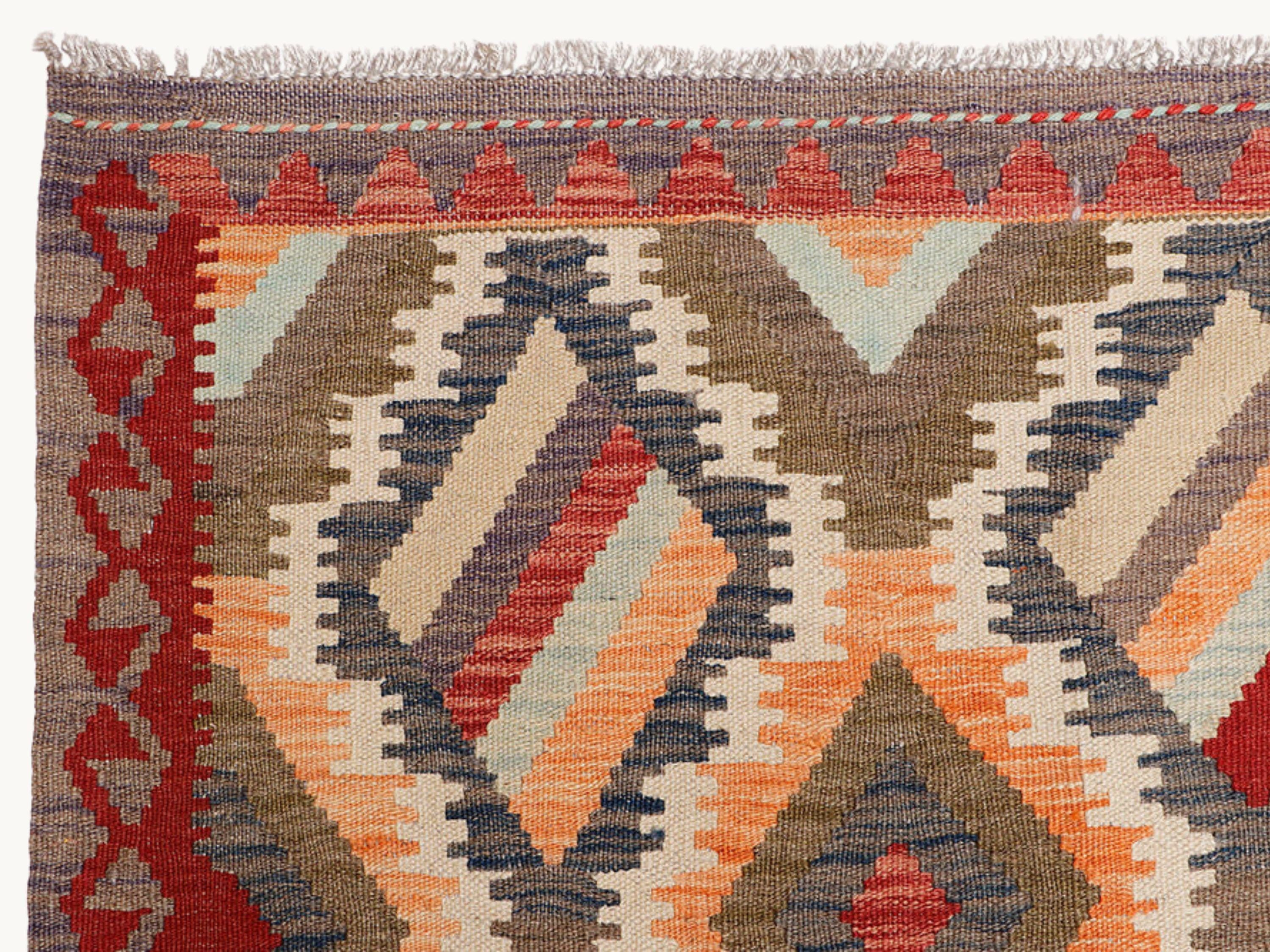 6.6x10 Kilim Rug, Large Cream Ivory Afghan Wool Flatweave Area Rug, Handwoven Veggie Dye Red Diamond Living Room Decor