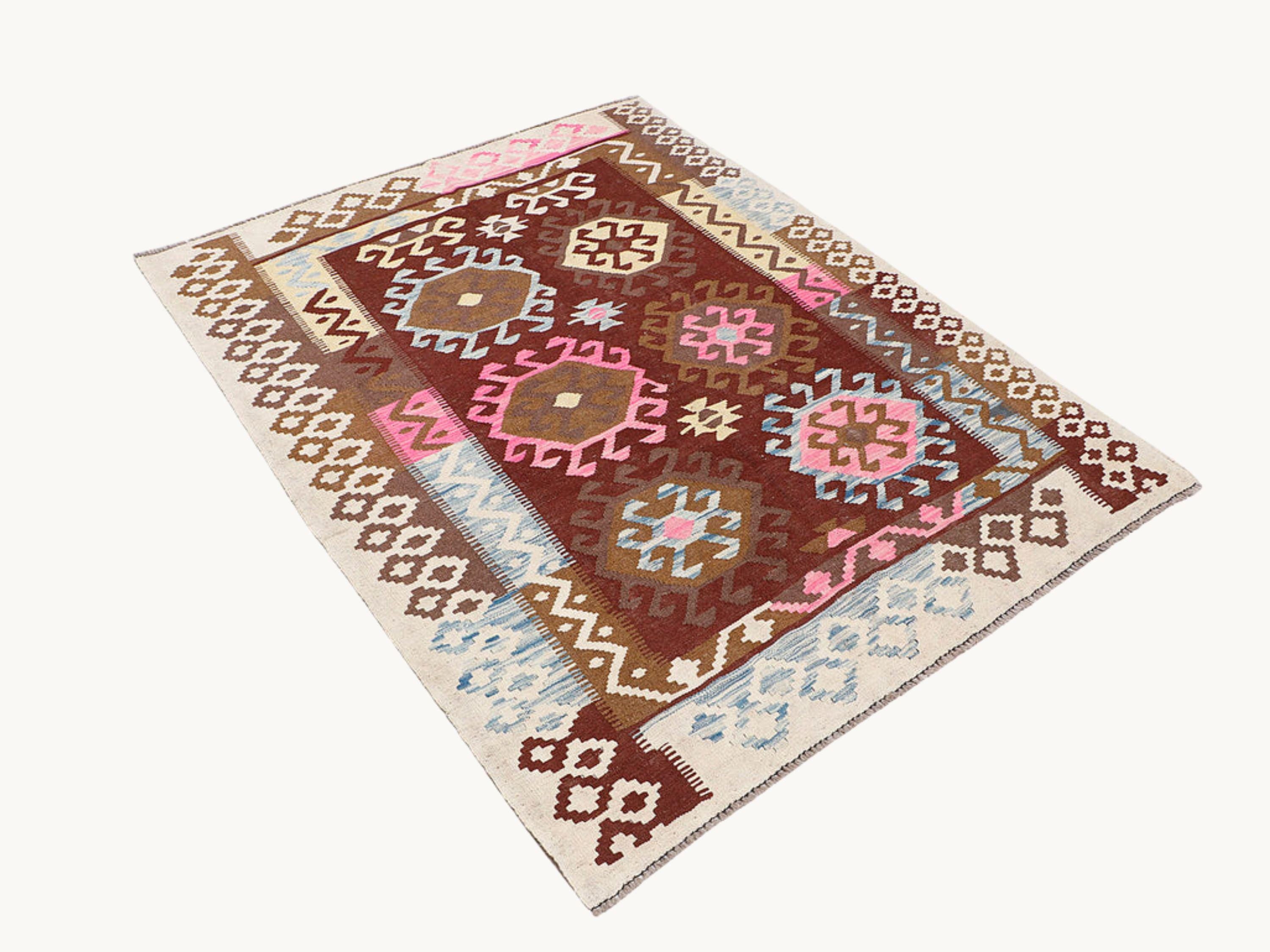 5x7 Pink Kilim Rug, Burgundy Cream Afghan Wool Flatweave Area Rug, Handwoven Veggie Dye Medallion Living Room Decor