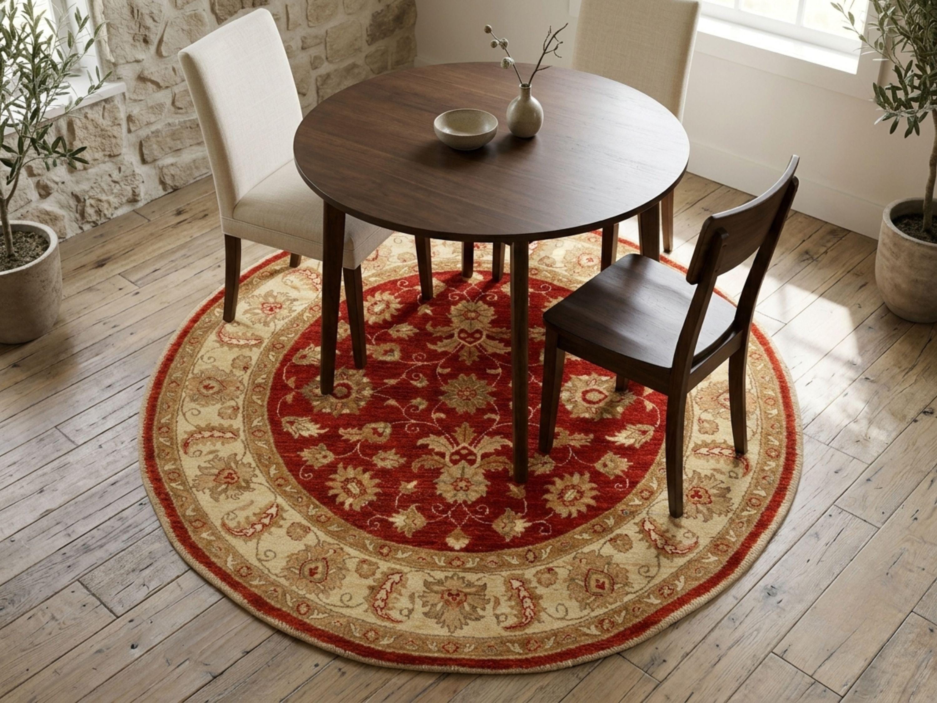 5x5 Ziegler round Rug, Red Persian Style Medallion Wool Carpet, Hand Knotted Traditional Floral Decor