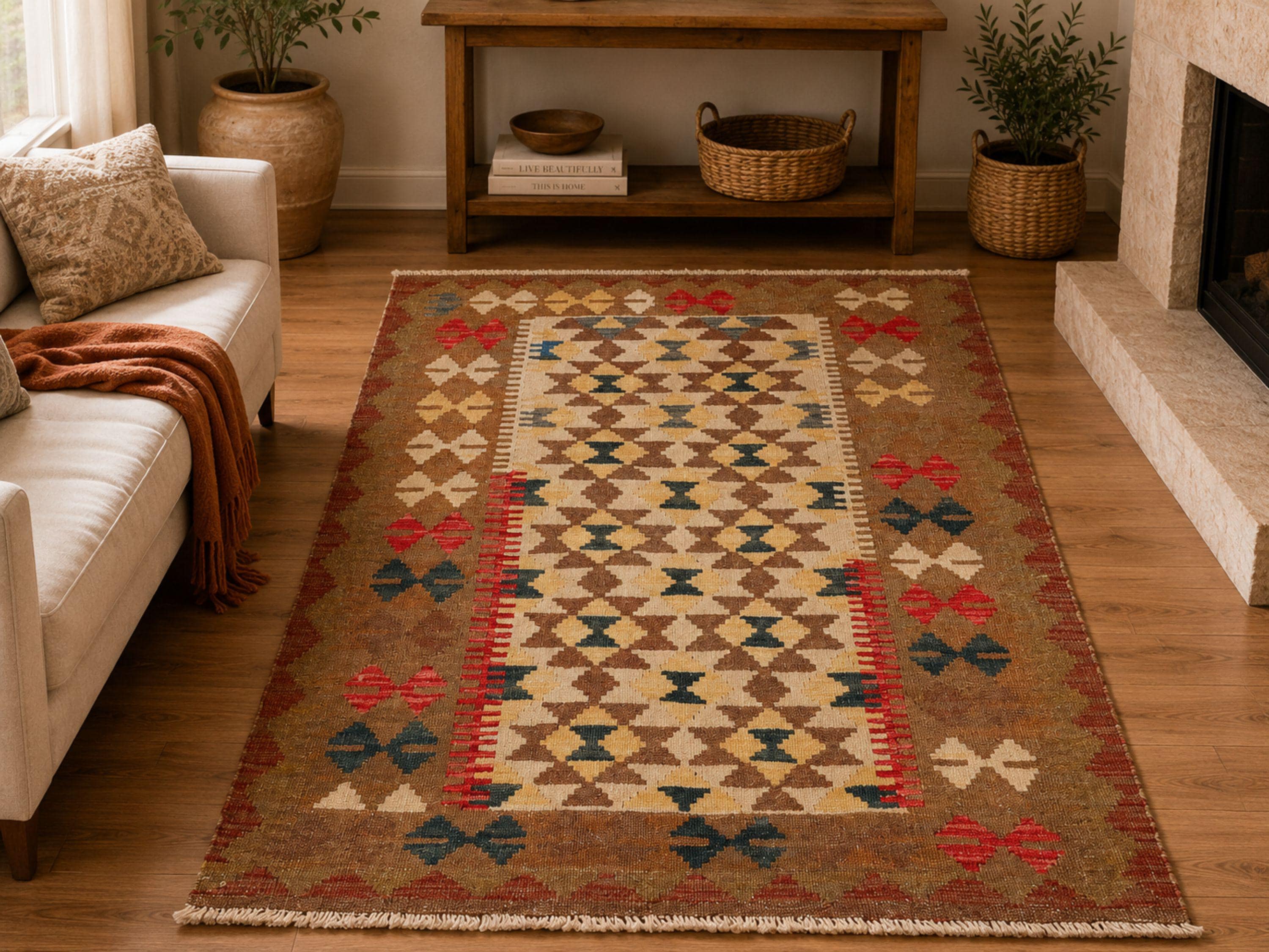 3x5 Southwestern Kilim Rug, Brown Gold Afghan Wool Flatweave Area Rug, Handwoven Veggie Dye Tribal Red Navy Bedroom Decor