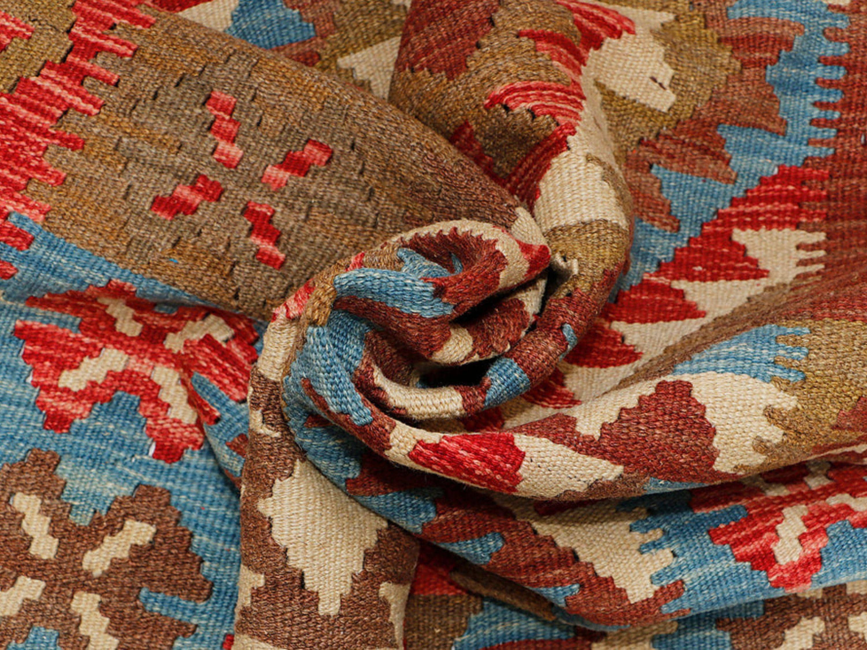 Afghan kilim rug for living room, red sky blue wool flatweave area rug 3x5, handwoven veggie dye tribal diamond accent rug