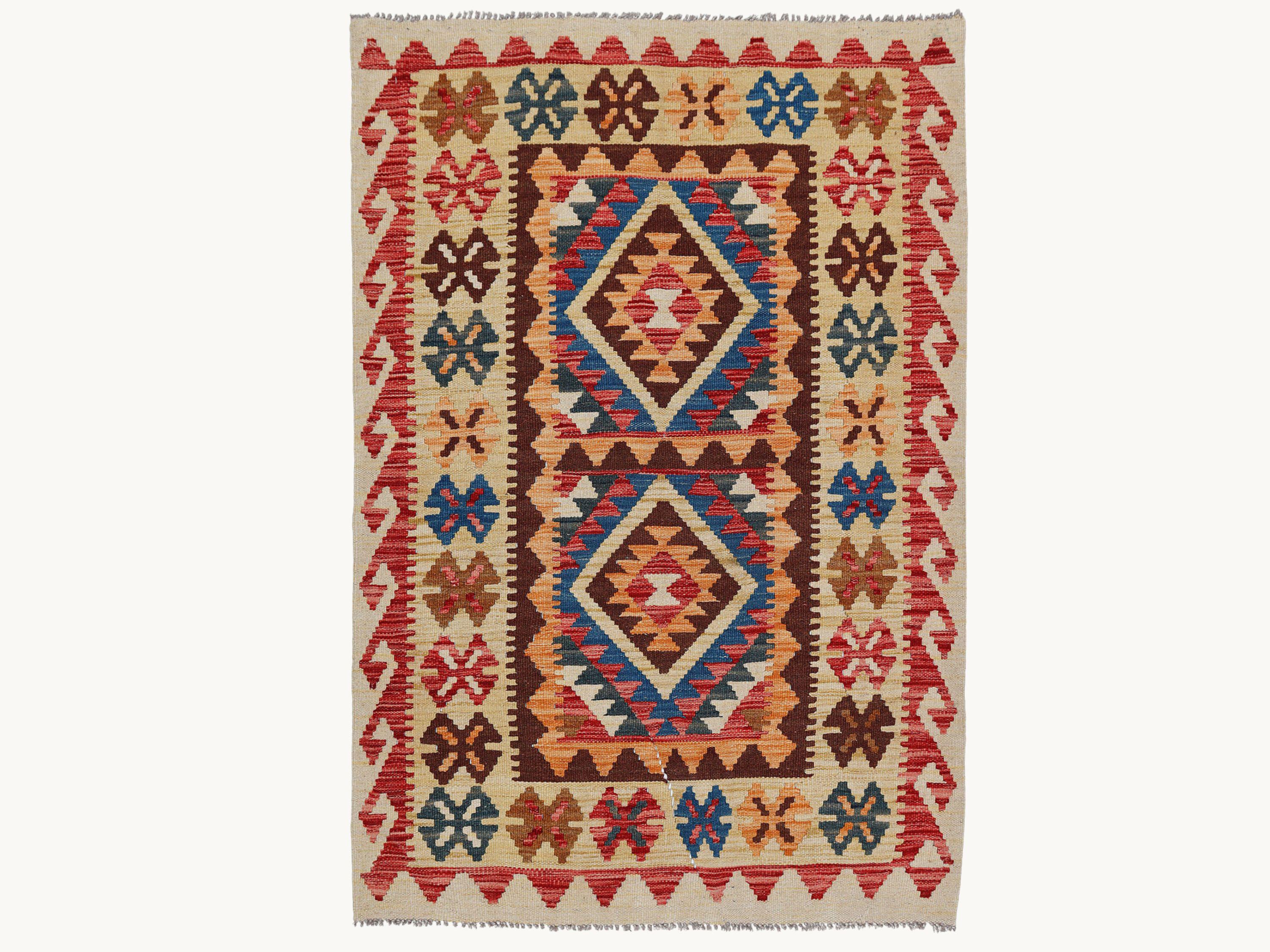 3x5 Blue Gold Kilim Rug, Teal Orange Afghan Wool Flatweave Area Rug, Handwoven Veggie Dye Tribal Medallion Bedroom Decor