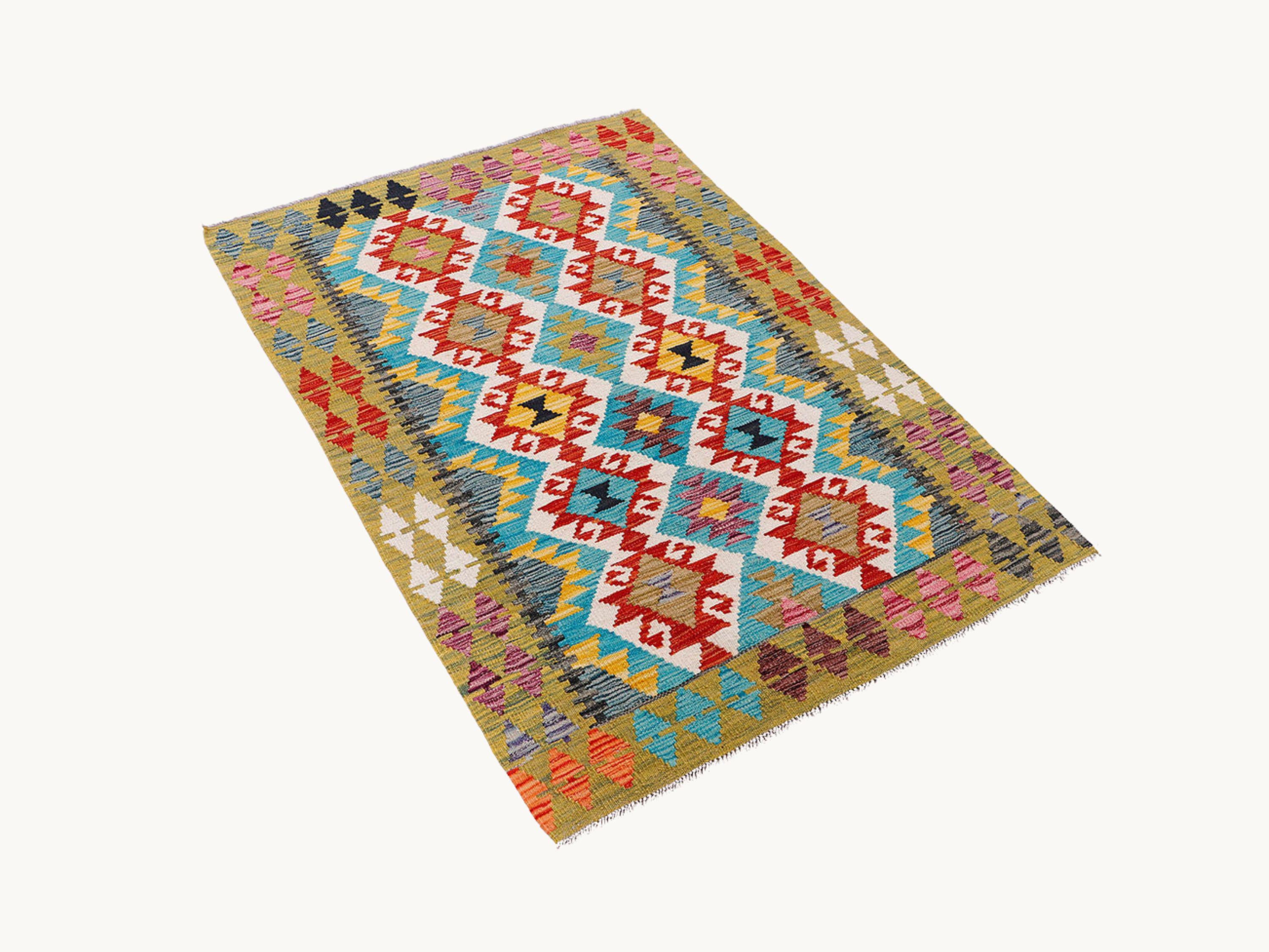 3x5 Olive Green Kilim Rug, Handmade Wool Flatweave Area Rug, Afghan Tribal Diamond Multicolor Dining Room Decor