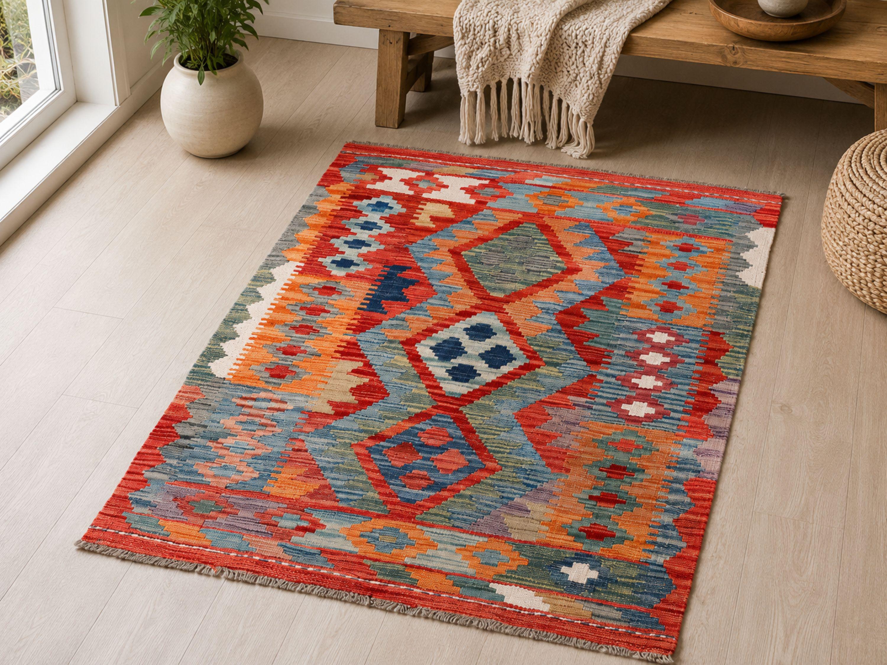 3x4 Kilim Rug, Small Afghan Wool Flatweave Accent Rug, Handwoven Veggie Dye Multicolor Entryway Kitchen Decor