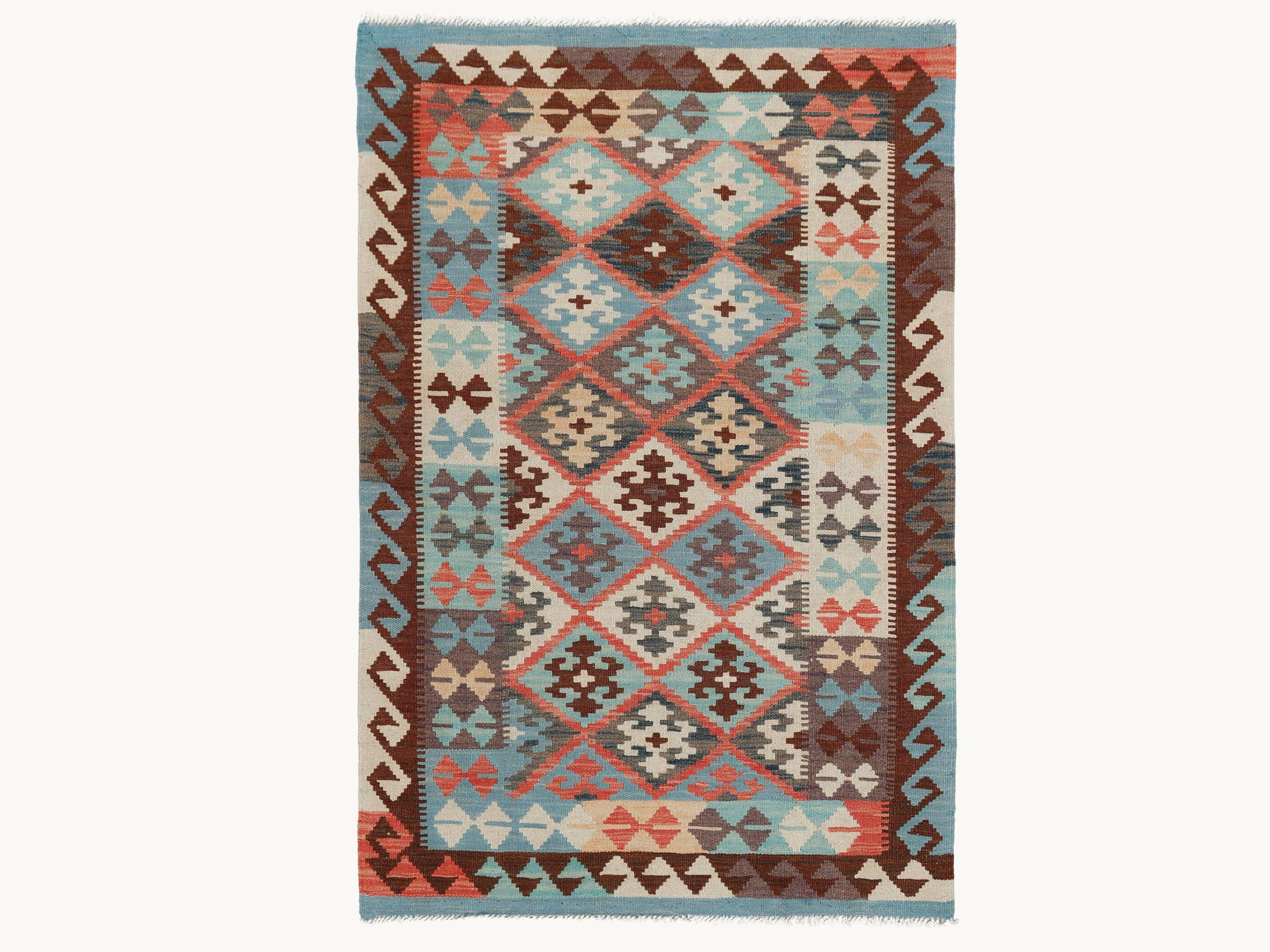 3x5 Kilim Rug, Blue Teal Afghan Wool Flatweave Rug, Handwoven Veggie Dye Coral Cream Diamond Bedroom Living Room Decor