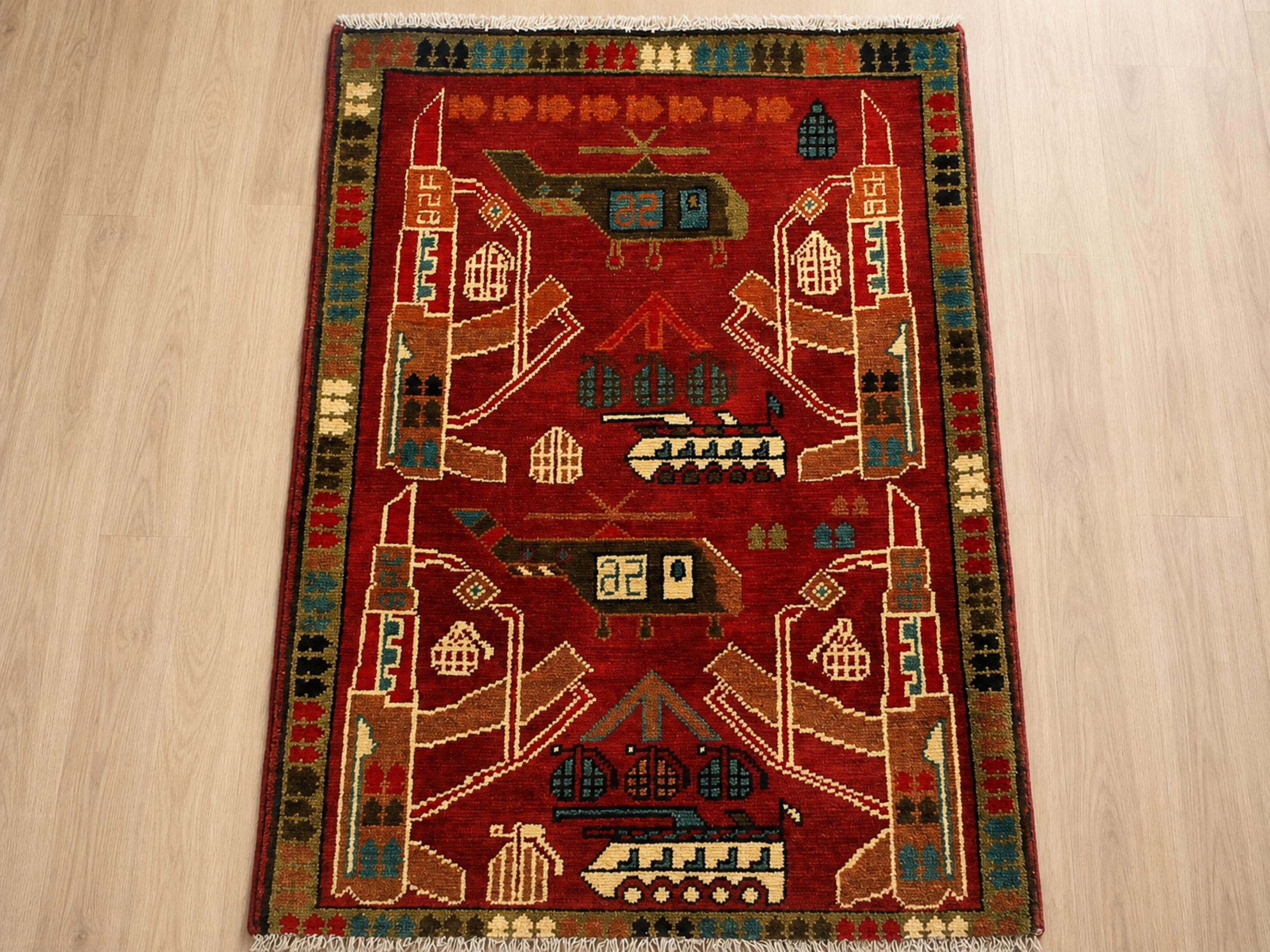 2x3 Red Afghan War Rug, Hand Knotted Wool Tribal Wall Hanging