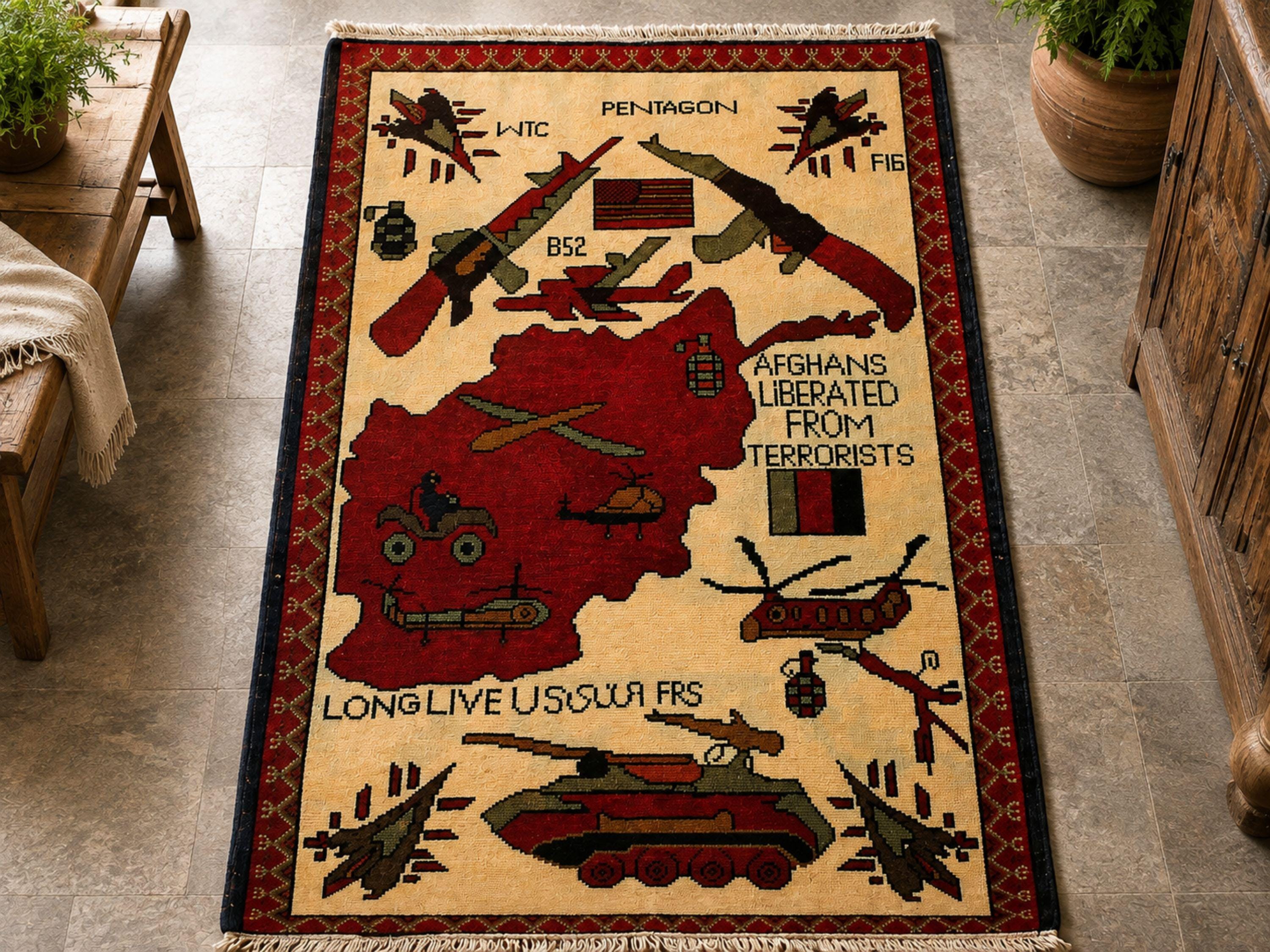 2x3 Afghan Pictorial War Rug, Hand Knotted Wool Map Aircraft Design
