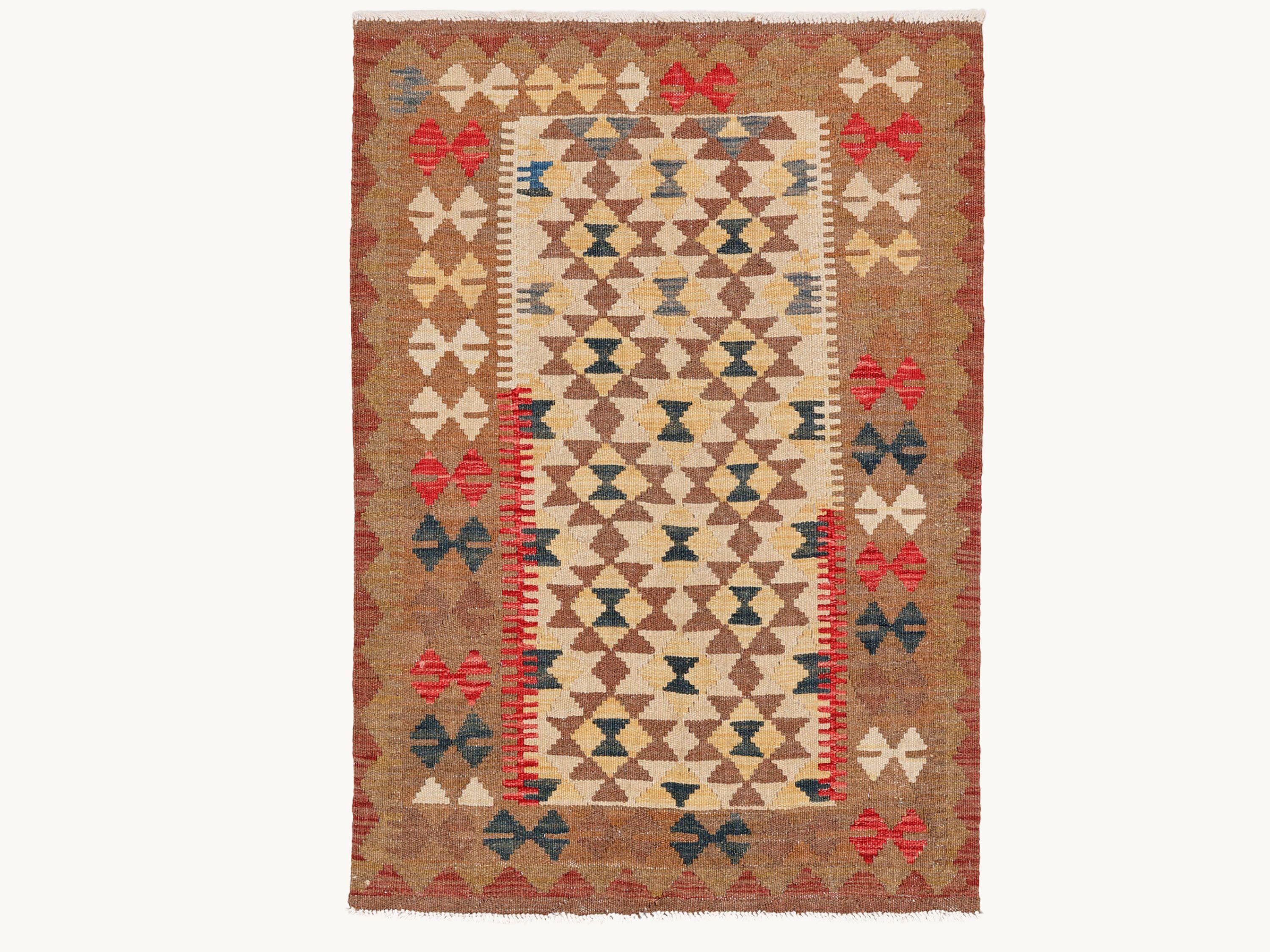 3x5 Southwestern Kilim Rug, Brown Gold Afghan Wool Flatweave Area Rug, Handwoven Veggie Dye Tribal Red Navy Bedroom Decor