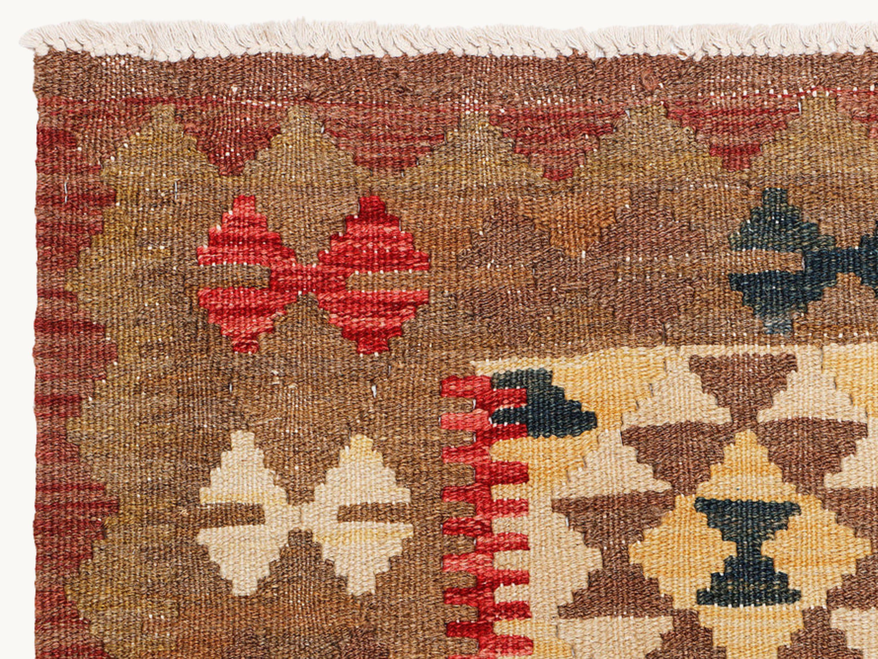 3x5 Southwestern Kilim Rug, Brown Gold Afghan Wool Flatweave Area Rug, Handwoven Veggie Dye Tribal Red Navy Bedroom Decor