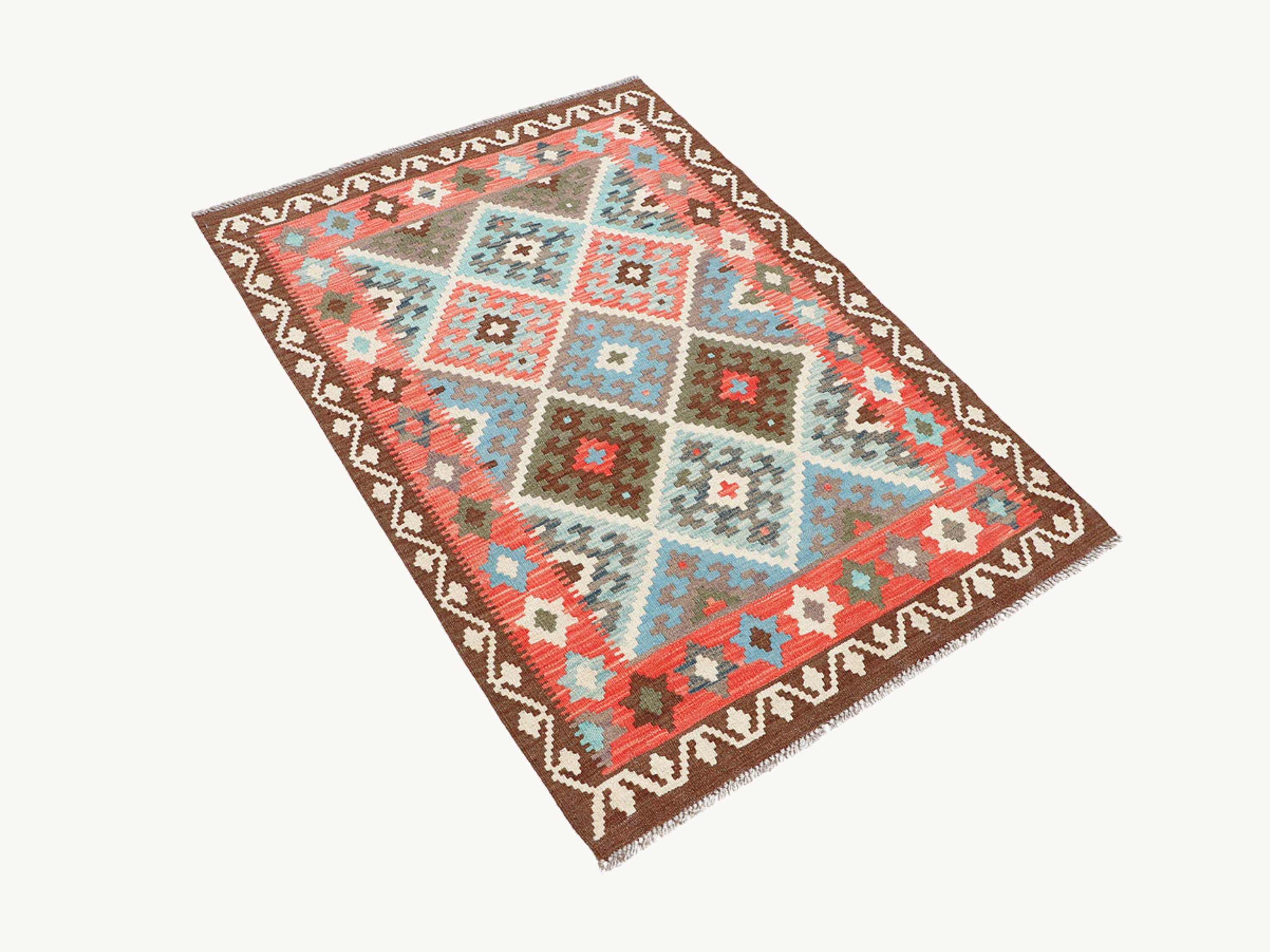 3x5 Coral Red Kilim Rug, Sky Blue Brown Afghan Wool Flatweave Area Rug, Handwoven Veggie Dye Tribal Diamond Bedroom Decor