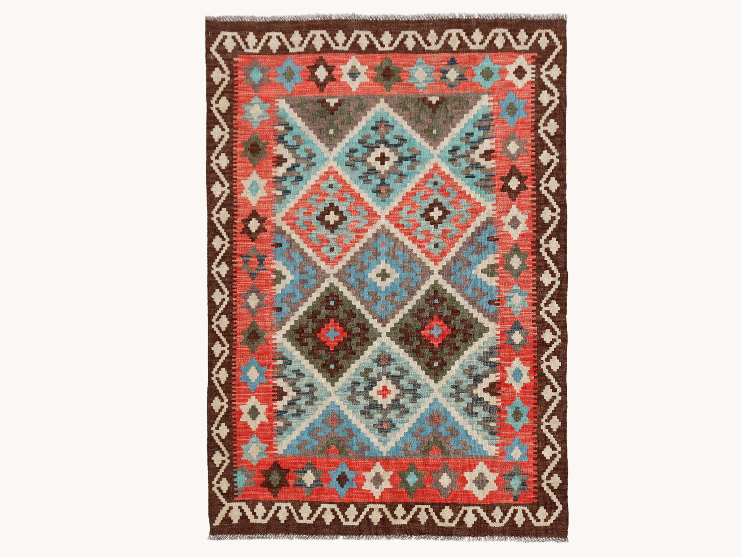 3x5 Coral Red Kilim Rug, Sky Blue Brown Afghan Wool Flatweave Area Rug, Handwoven Veggie Dye Tribal Diamond Bedroom Decor