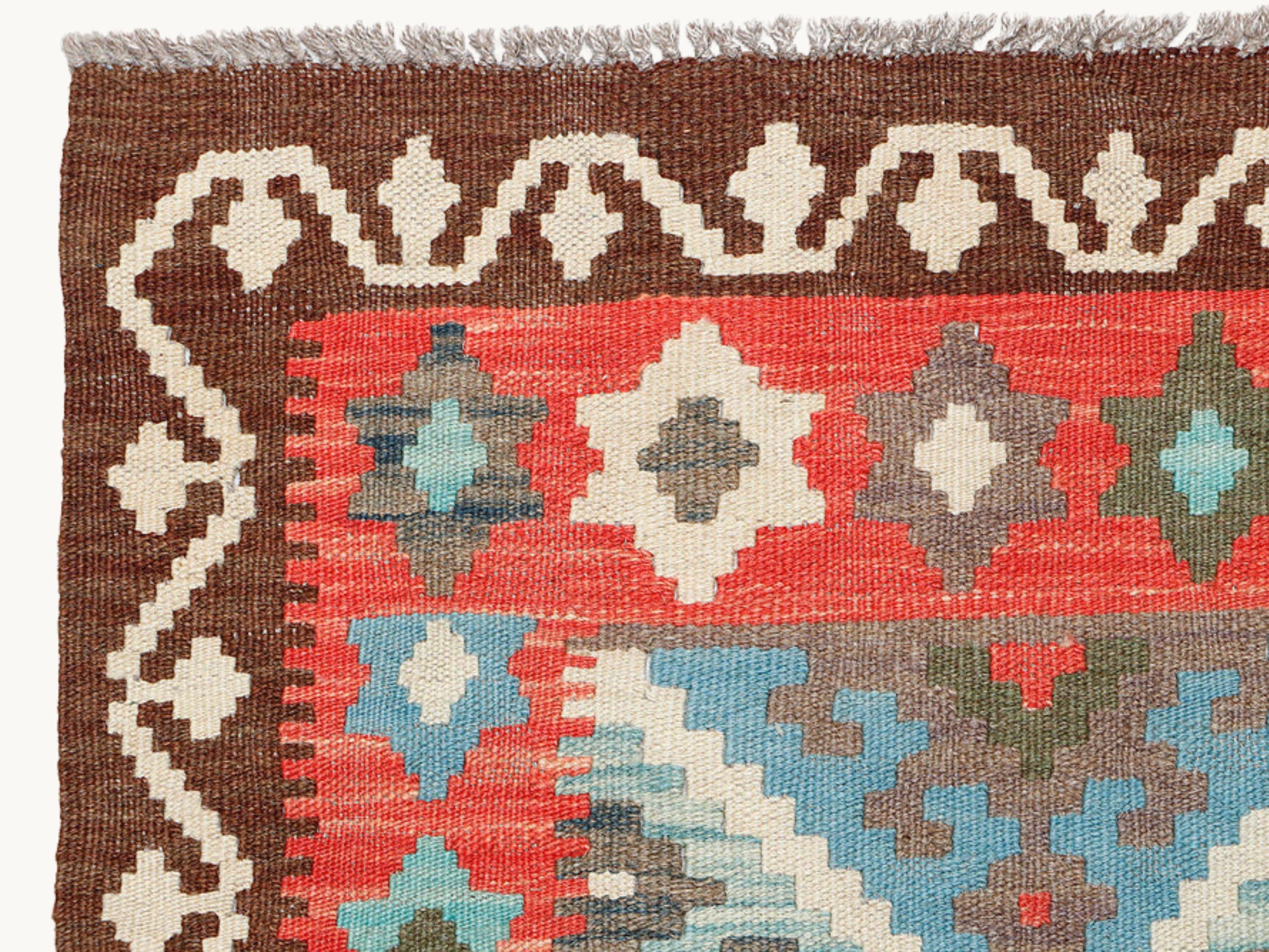 3x5 Coral Red Kilim Rug, Sky Blue Brown Afghan Wool Flatweave Area Rug, Handwoven Veggie Dye Tribal Diamond Bedroom Decor