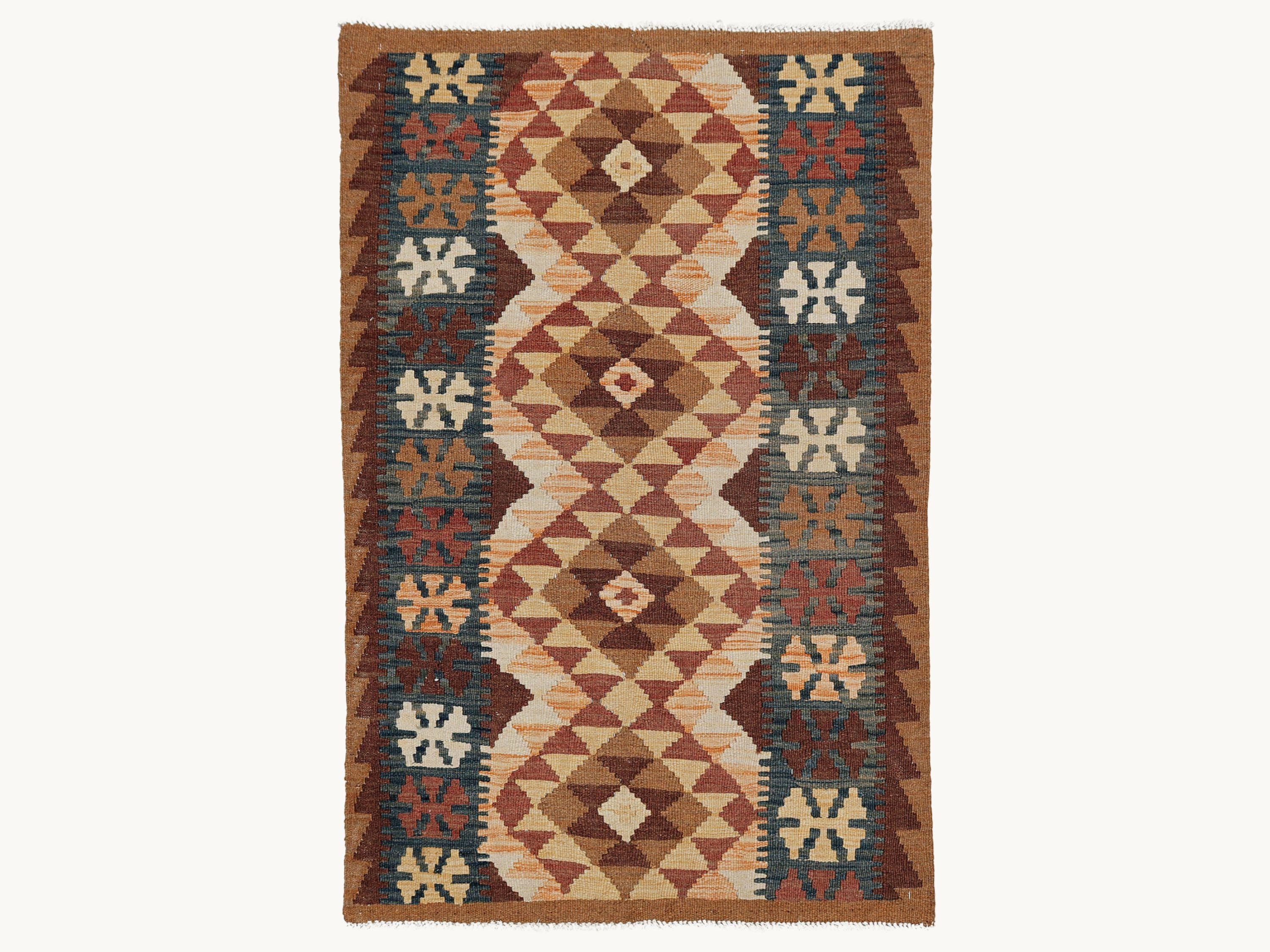 3x5 Brown Kilim Rug, Camel Cream Afghan Wool Flatweave Area Rug, Handwoven Veggie Dye Neutral Tribal Diamond Bedroom Decor