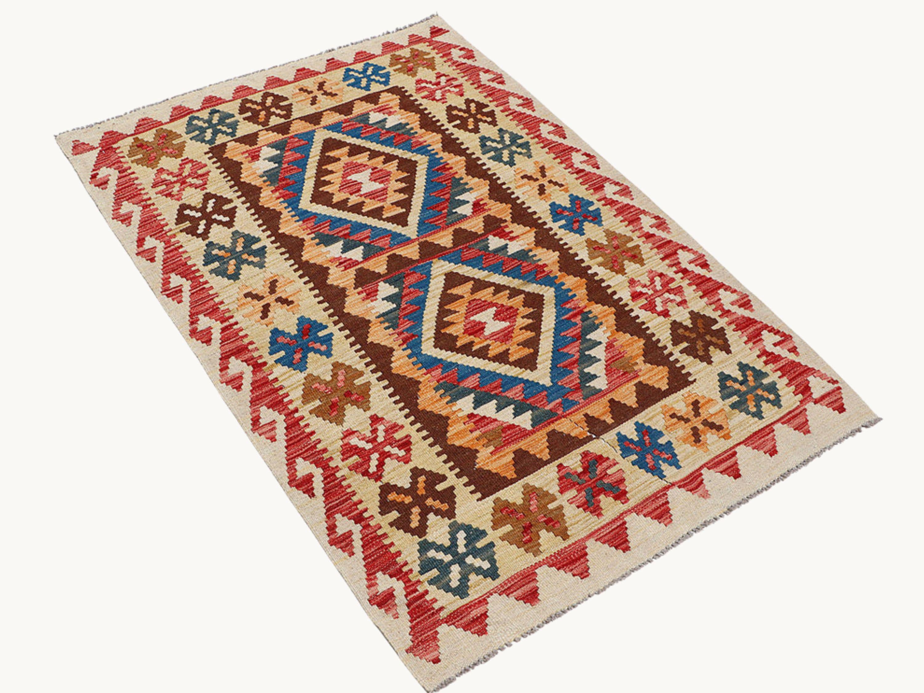 3x5 Blue Gold Kilim Rug, Teal Orange Afghan Wool Flatweave Area Rug, Handwoven Veggie Dye Tribal Medallion Bedroom Decor