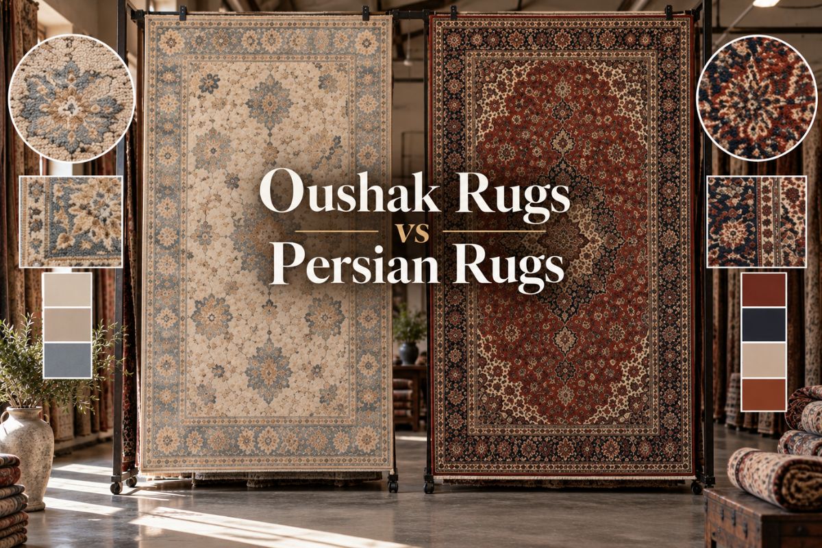 Oushak and Persian rugs compared in an elegant living room