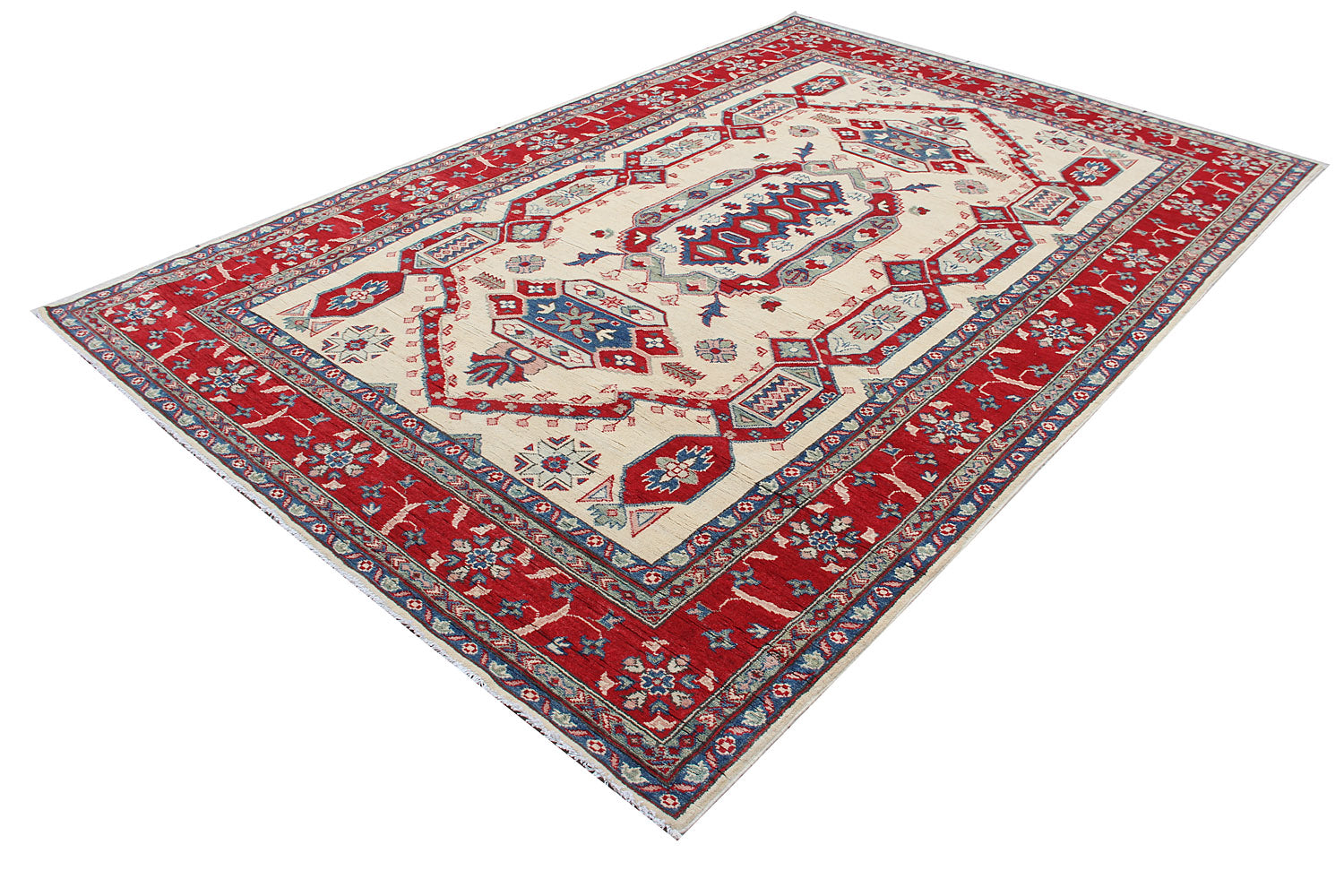 6' 6"X 10'  Ivory Handmade KAZAK Rug Rectangular