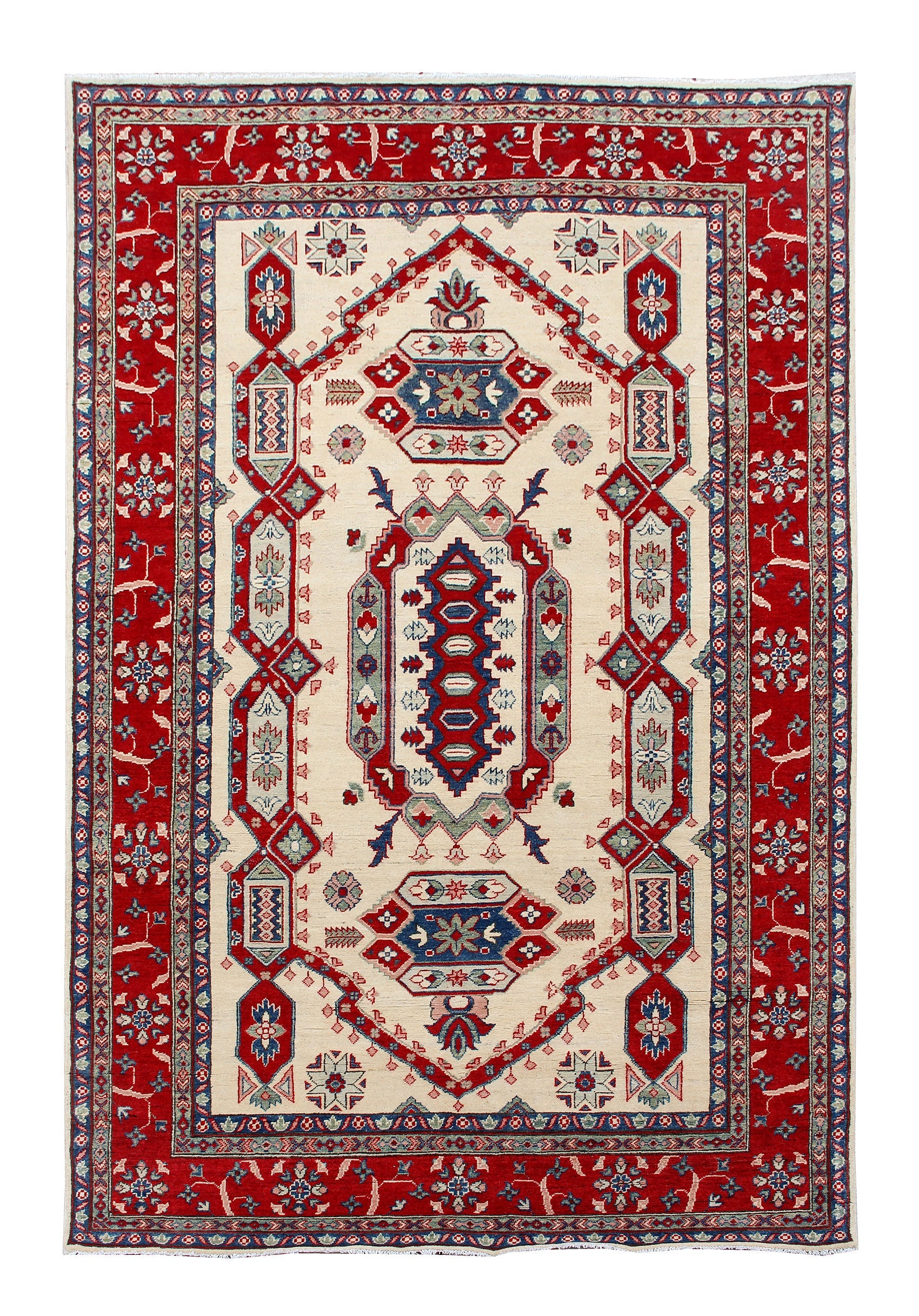 6' 6"X 10'  Ivory Handmade KAZAK Rug Rectangular