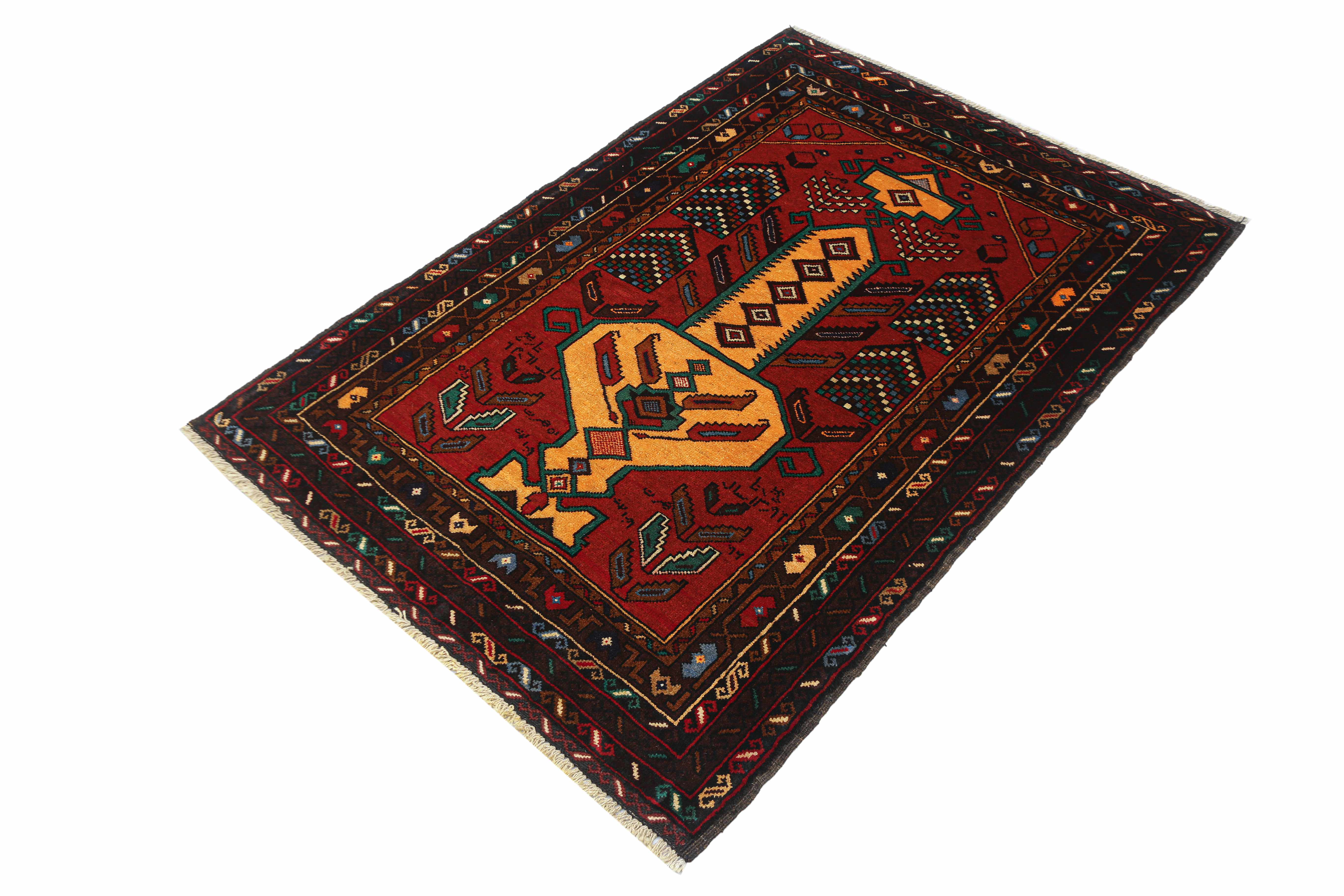 3' X 4'  Red Handmade Adraskan Baluchi Afghan Rug Rectangular