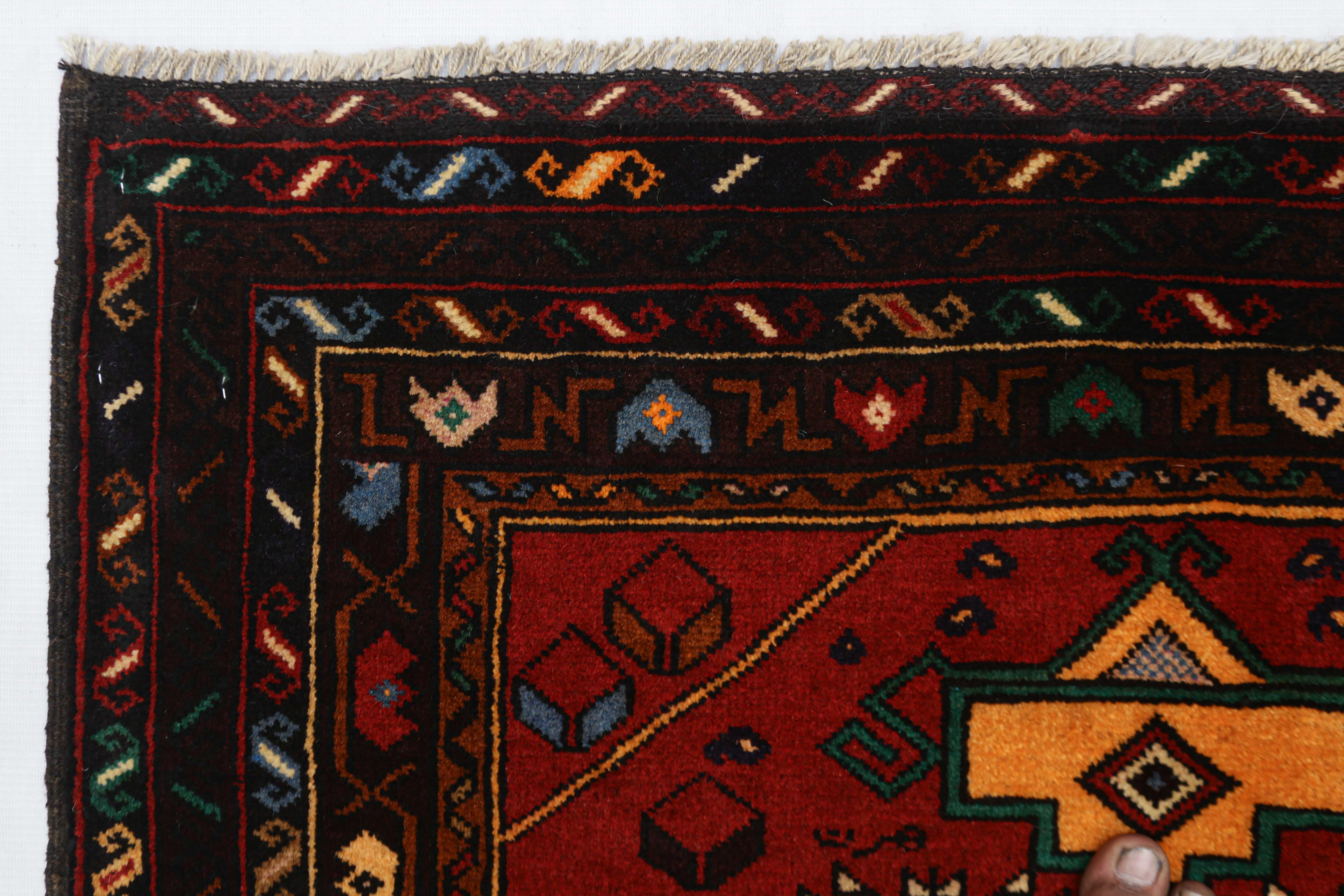 3' X 4'  Red Handmade Adraskan Baluchi Afghan Rug Rectangular