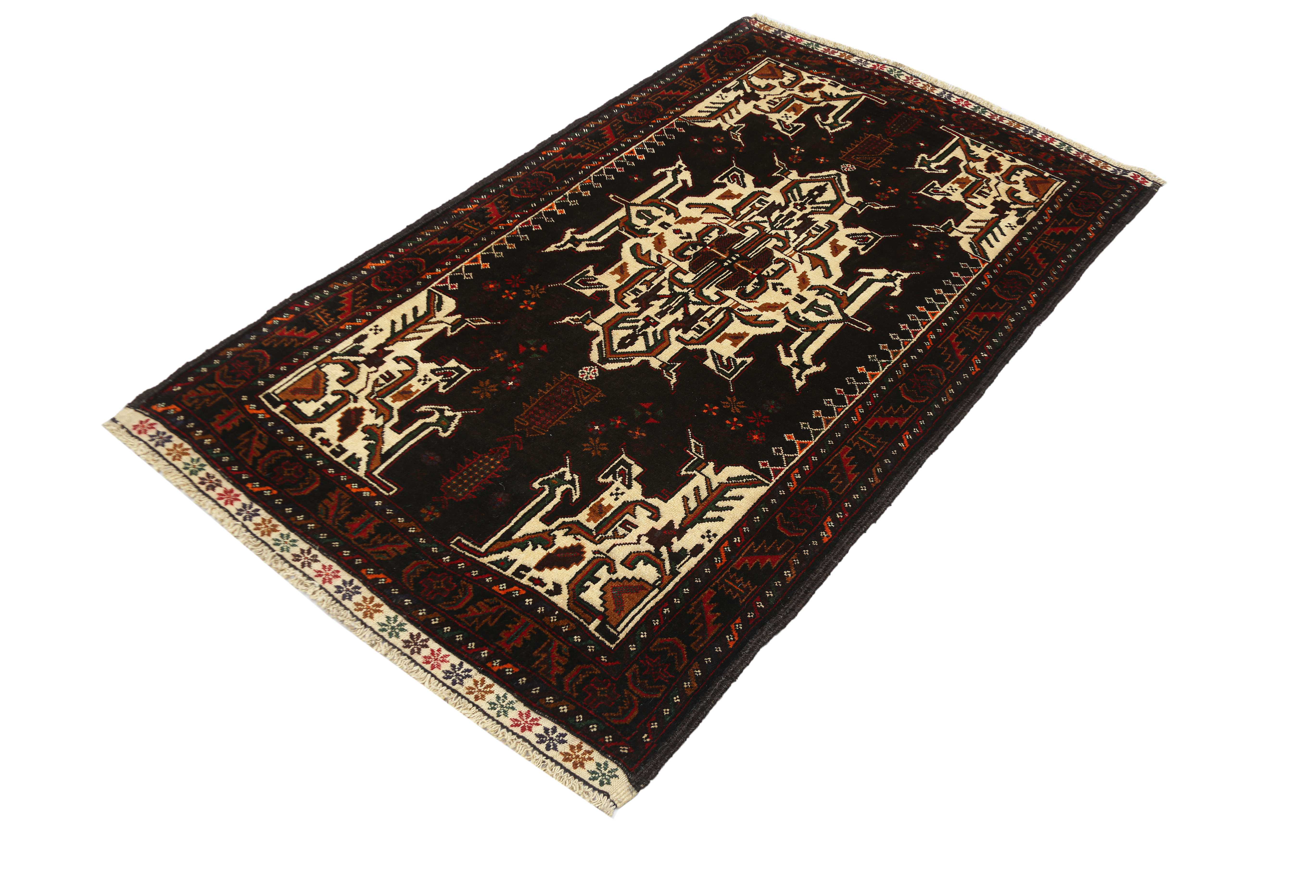3' x 5'  Black Handmade Adraskan Baluchi Afghan Rug Rectangular