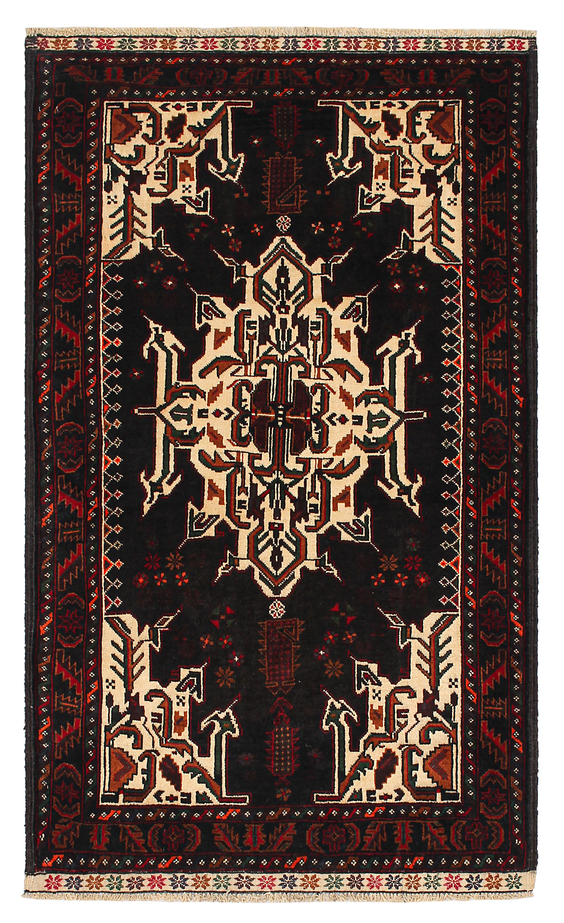3' x 5'  Black Handmade Adraskan Baluchi Afghan Rug Rectangular