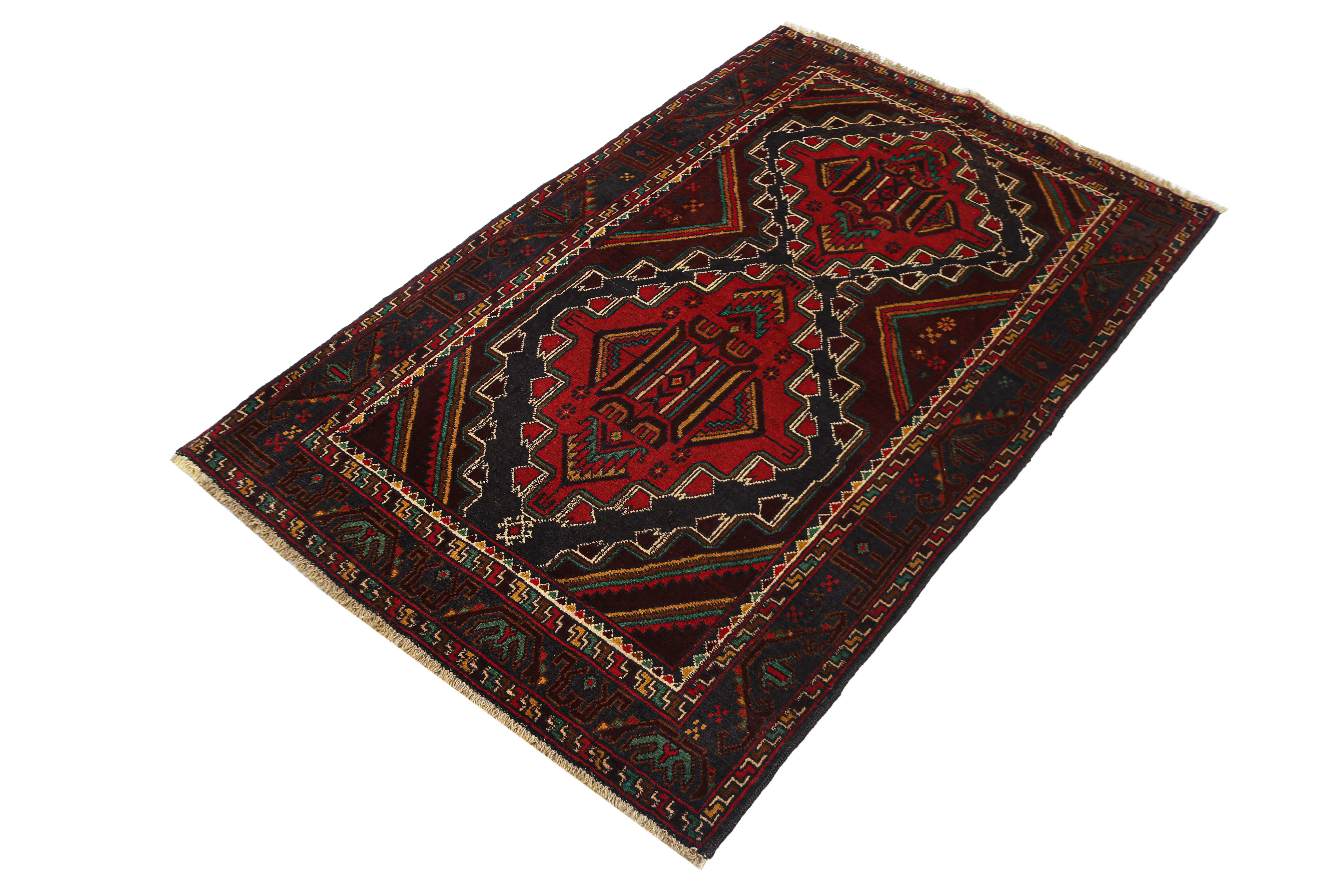 3' X 5'  Red Handmade Adraskan Baluchi Afghan Rug Rectangular