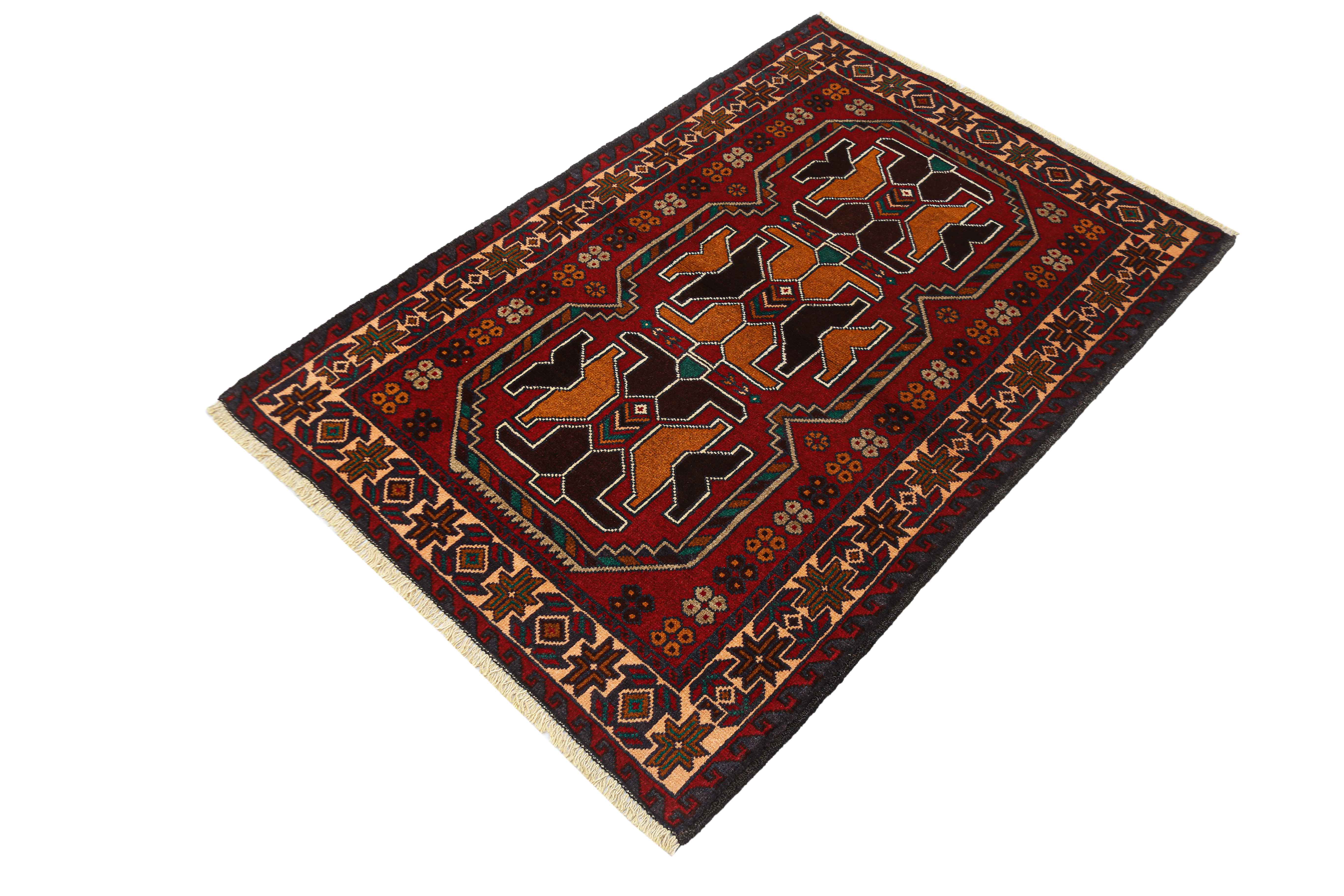3' X 4'  Red Handmade Adraskan Baluchi Afghan Rug Rectangular