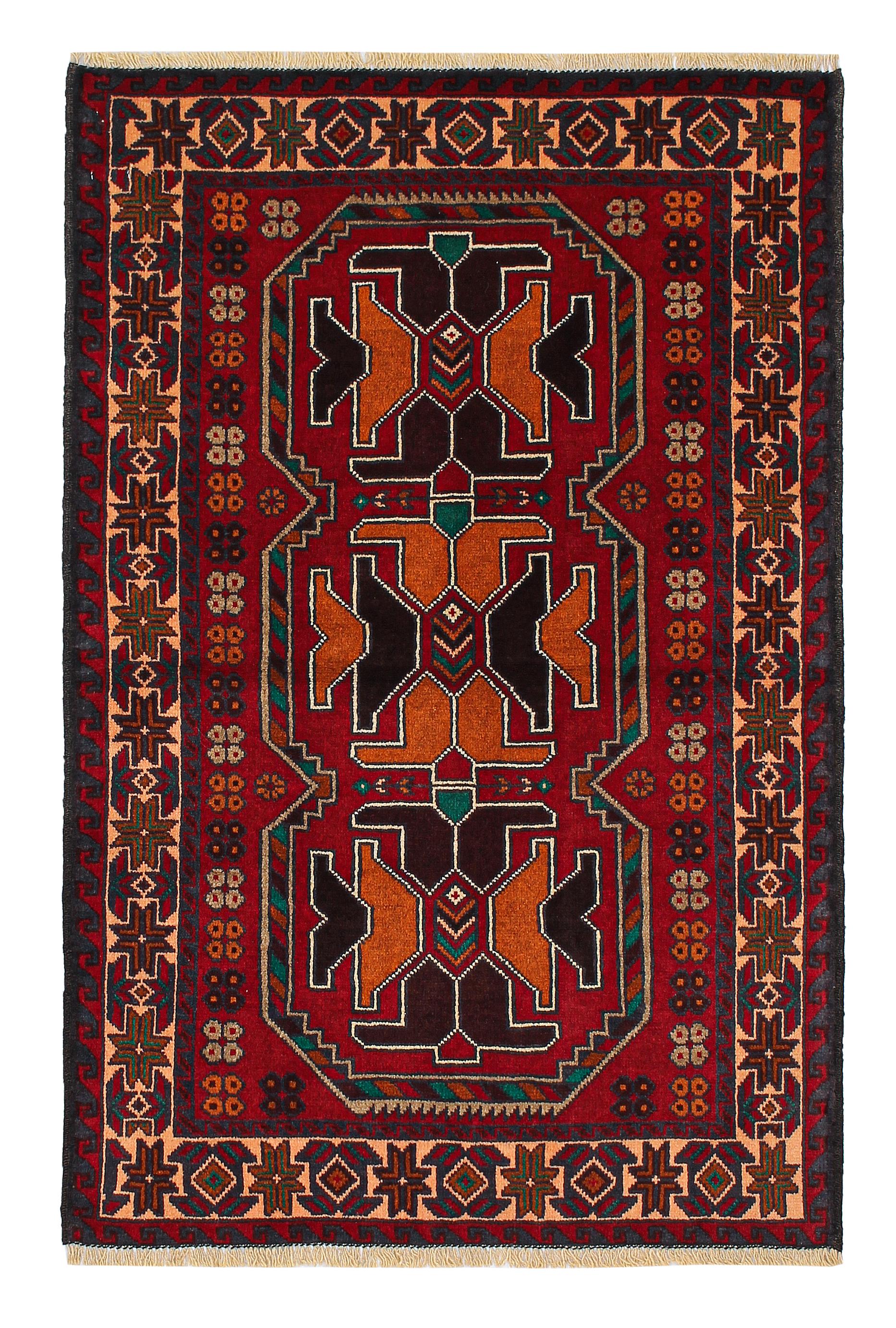 3' X 4'  Red Handmade Adraskan Baluchi Afghan Rug Rectangular