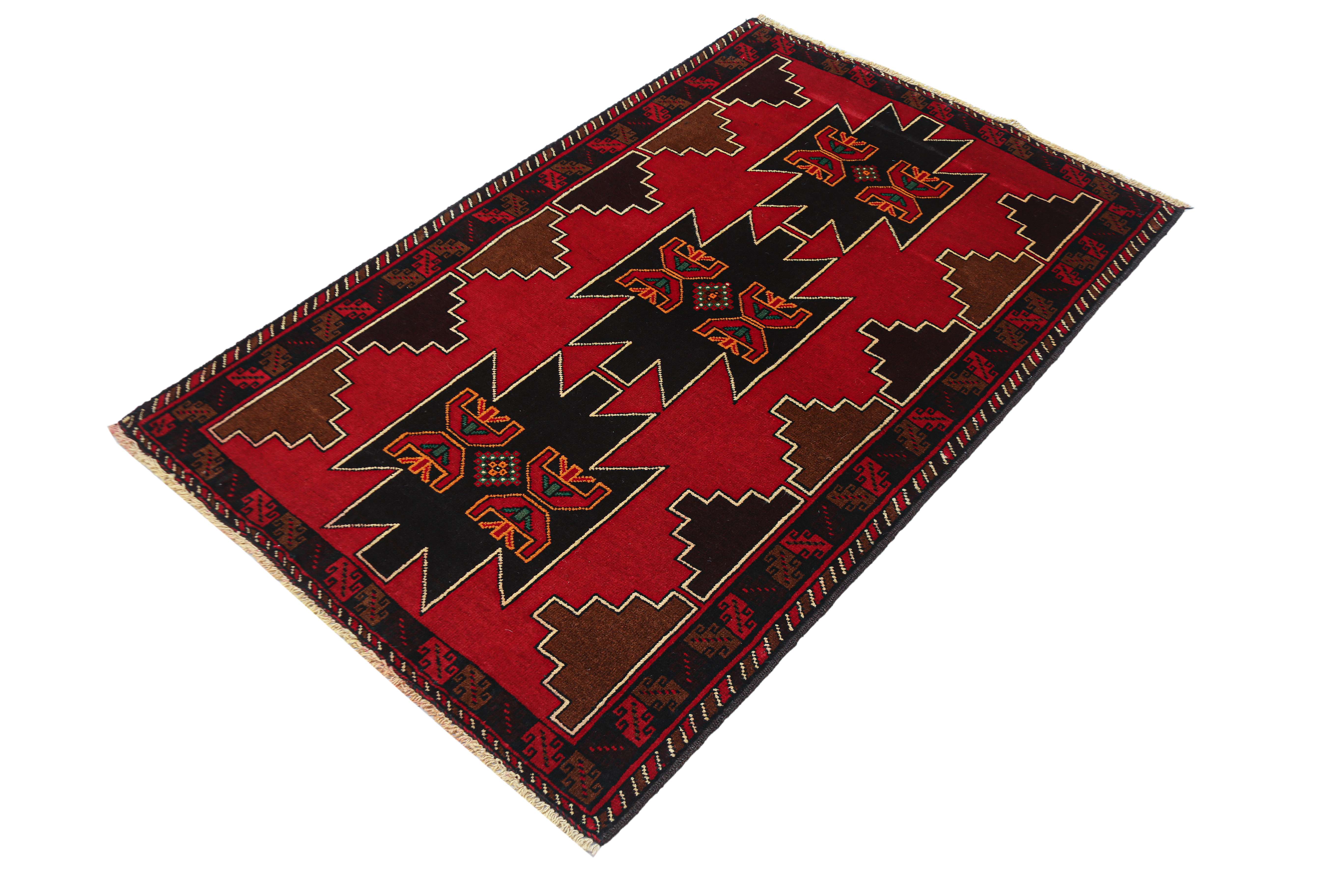 3' X 5'  Red Handmade Adraskan Baluchi Afghan Rug Rectangular